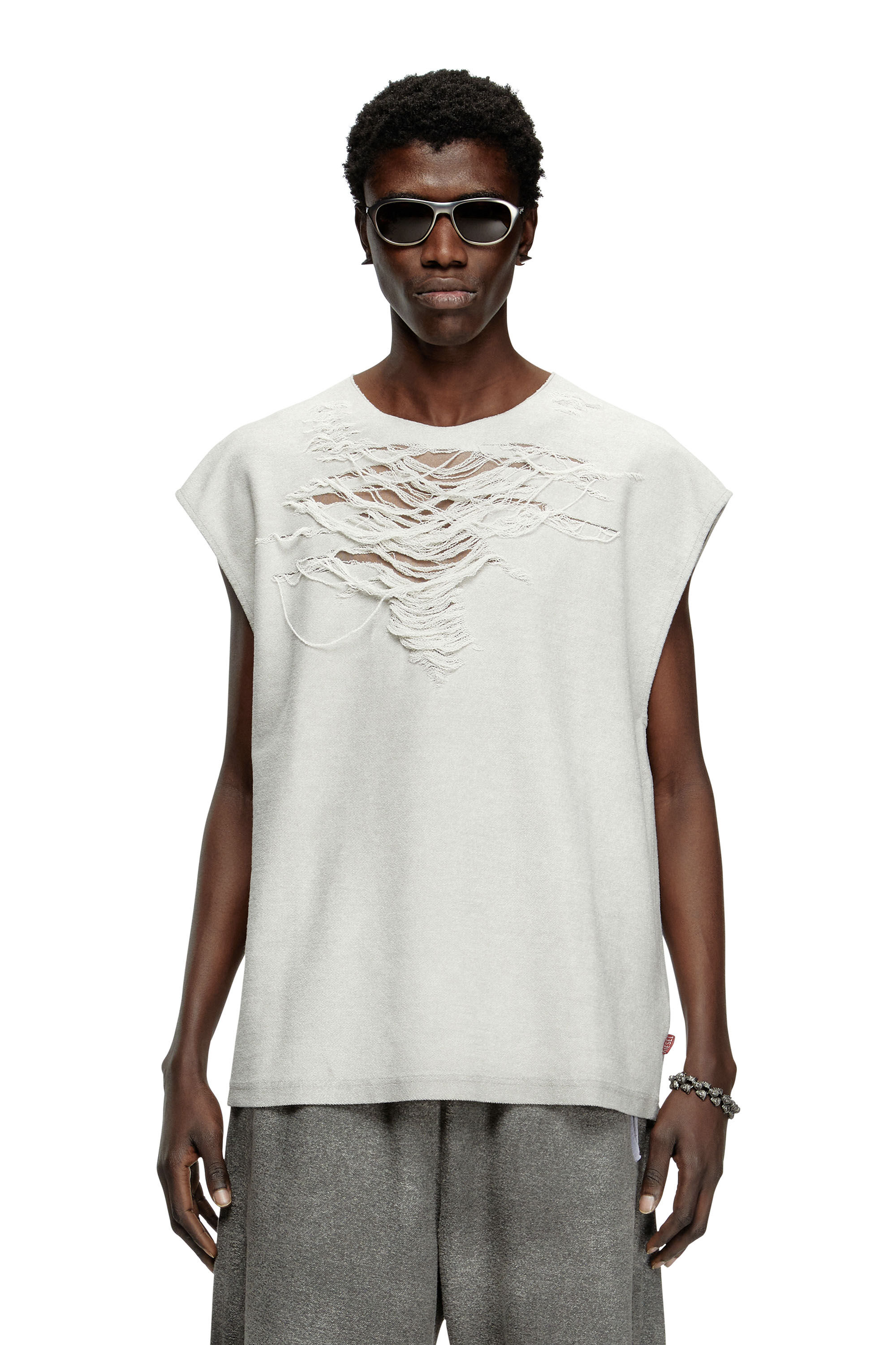 Diesel - S-RUB-SL, Male's Sleeveless sweatshirt with distressed front in Light Grey - 3