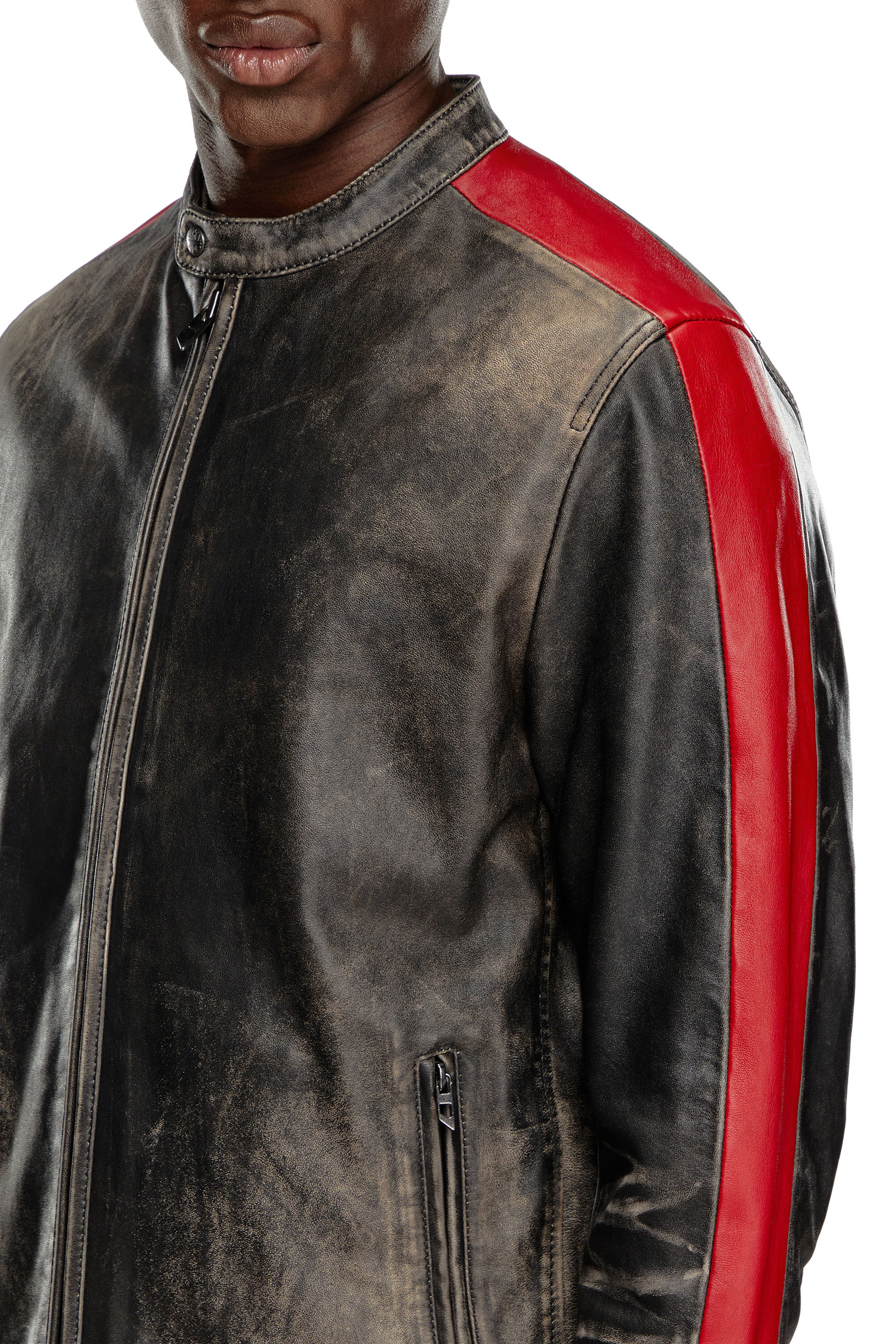 Black leather jacket with red stripes clearance