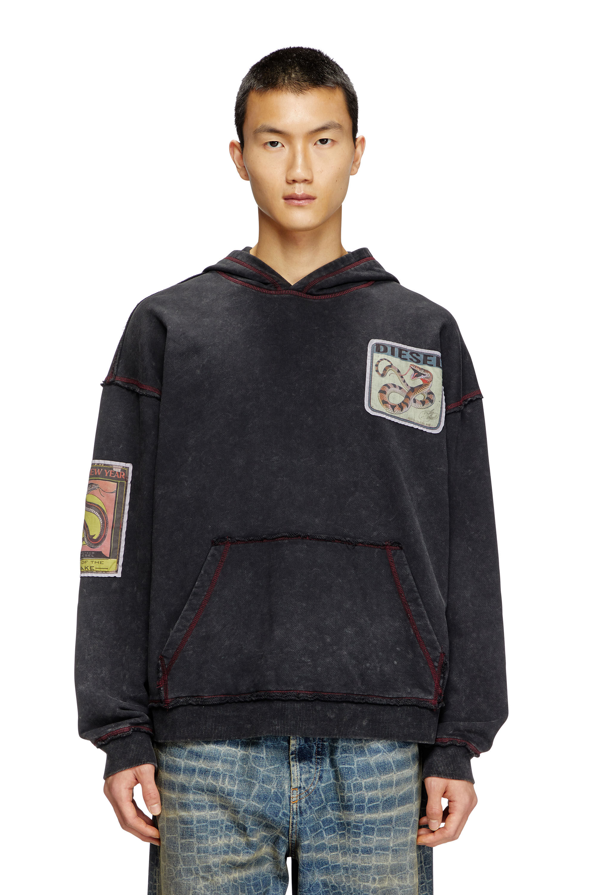 Diesel - CL-S-BOXT-HOOD-SNAKE, Sweat-shirt à capuche traité avec empiècements serpent Mixte in Noir - 3