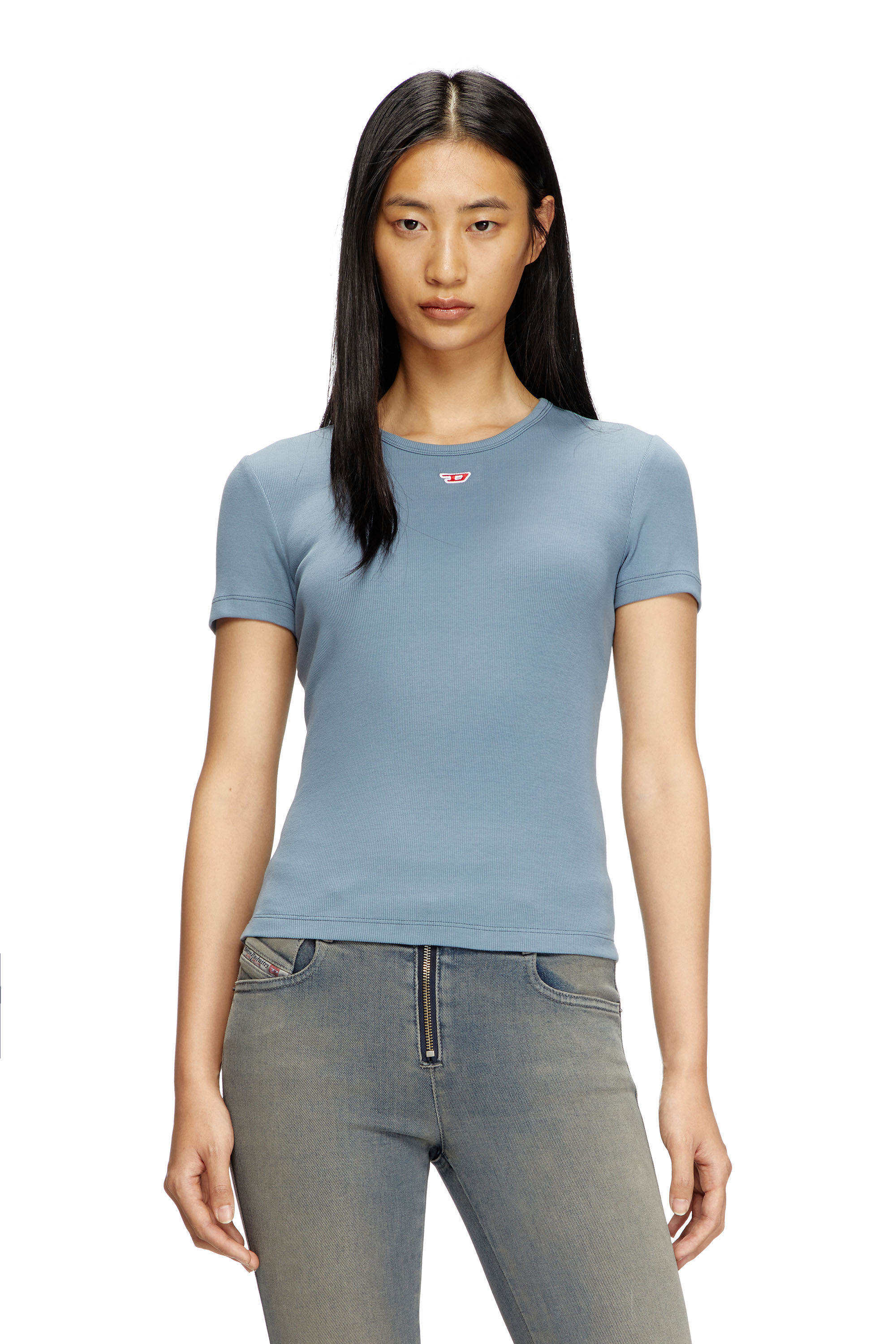 Diesel - T-ELE-LONG-D, Female's T-shirt with D logo patch in Light Blue - 3