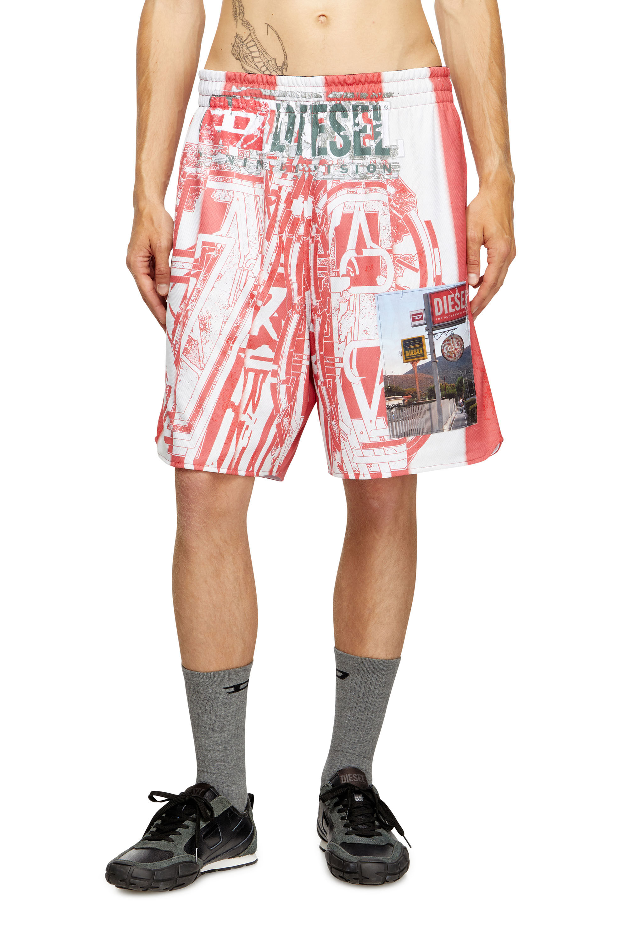 Diesel - P-KURT, Male's Striped shorts with photo patches in Red/White - 3