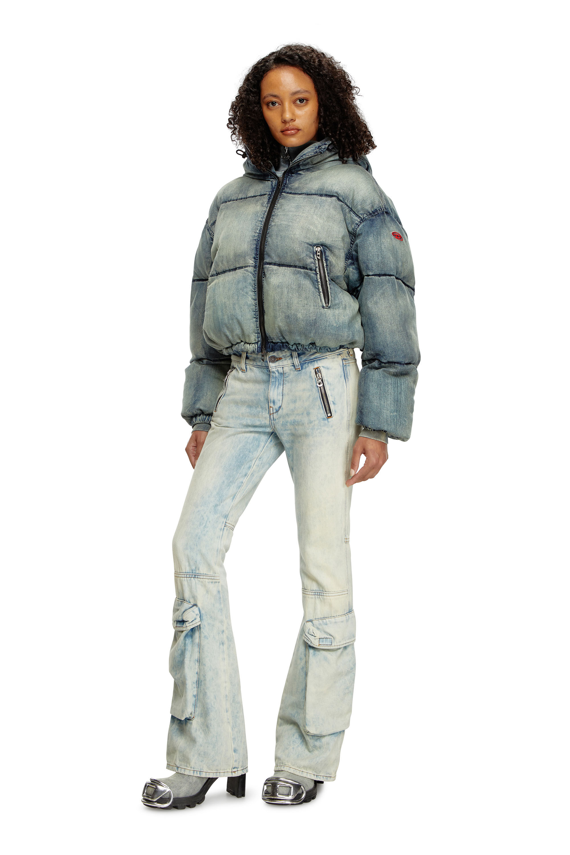 Diesel - W-AVES, Female's Cropped hooded puffer jacket in denim in Blue - 1