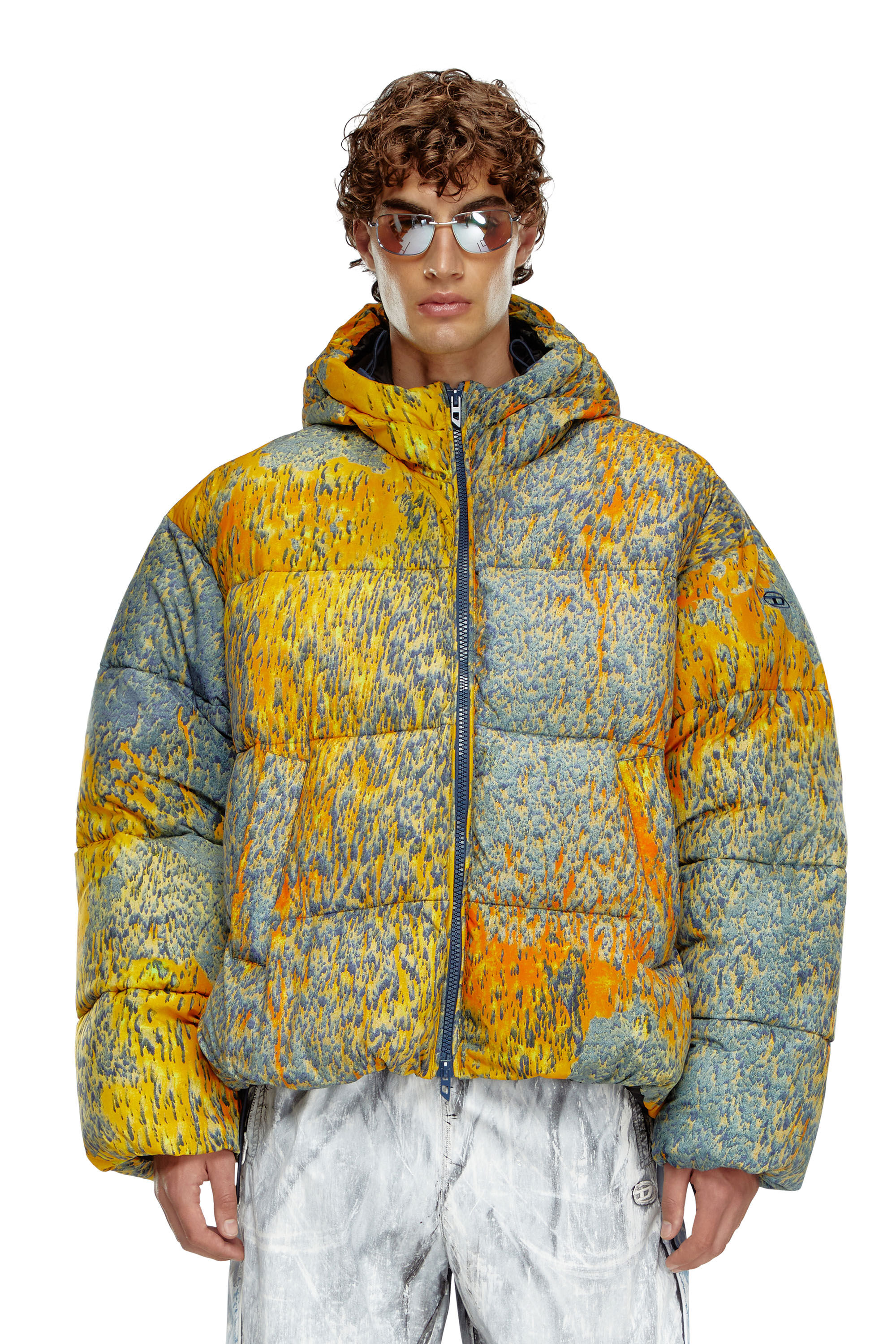 Diesel - W-BOGAERT, Male's Puffer jacket with acid rain effect in Blue/Orange - 3