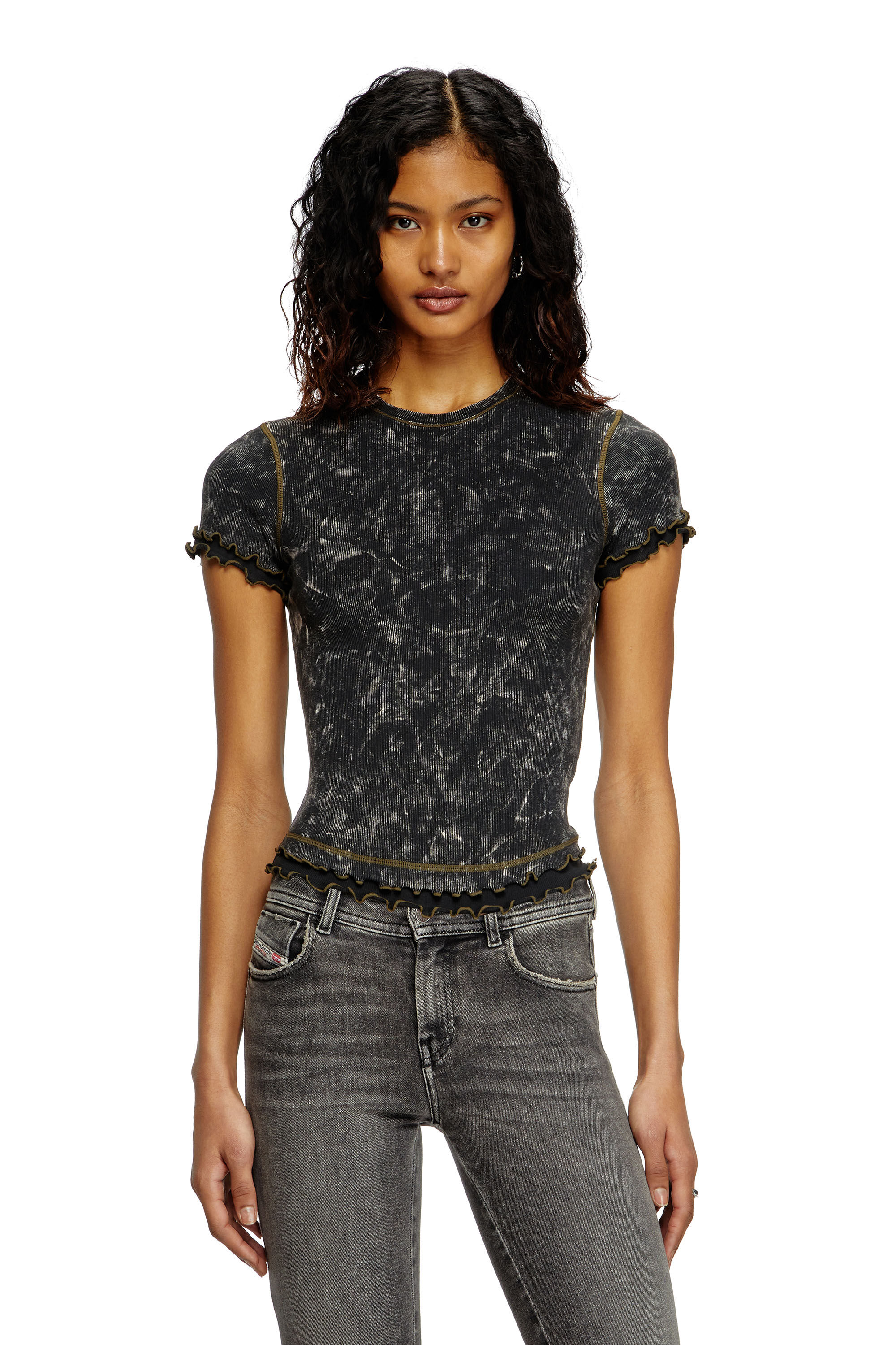 Diesel - T-FLU, Female's Marbled T-shirt with ruffled trims in Black - 3