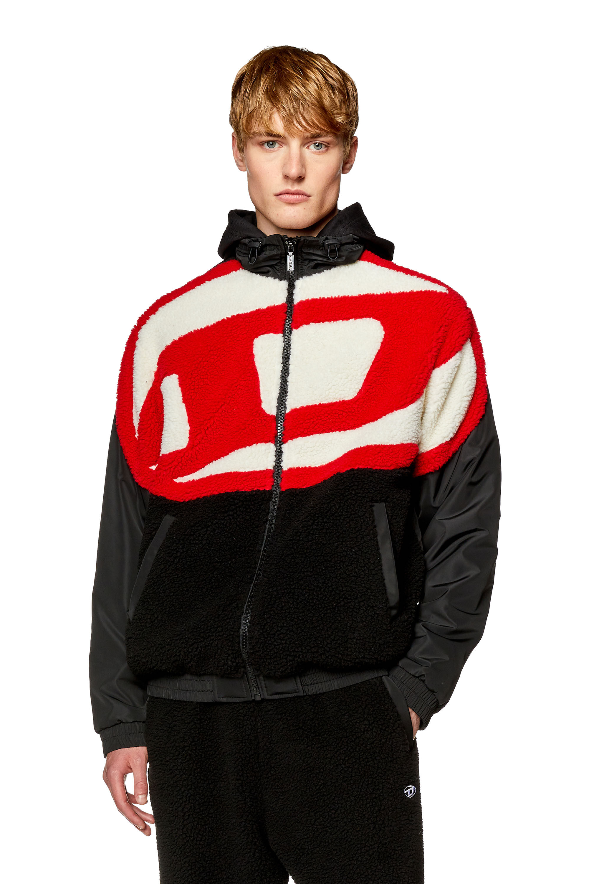 Diesel - S-OVADY, Male's Track jacket in nylon and teddy fleece in Black/Red - 3