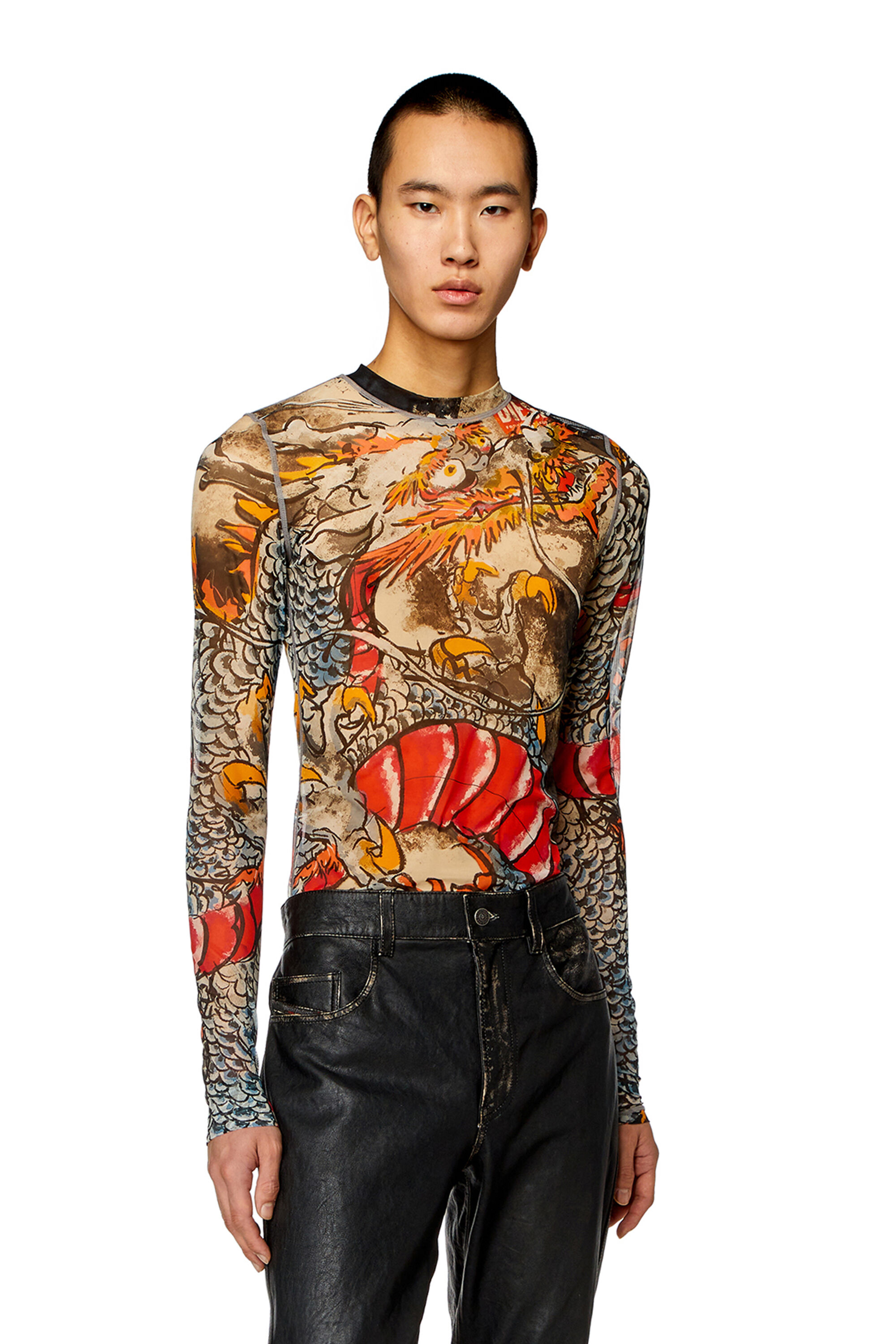Diesel - CL-T-SIELAR-DRAGON, Unisex's Mesh top with Dragon print in Beige/Red - 3