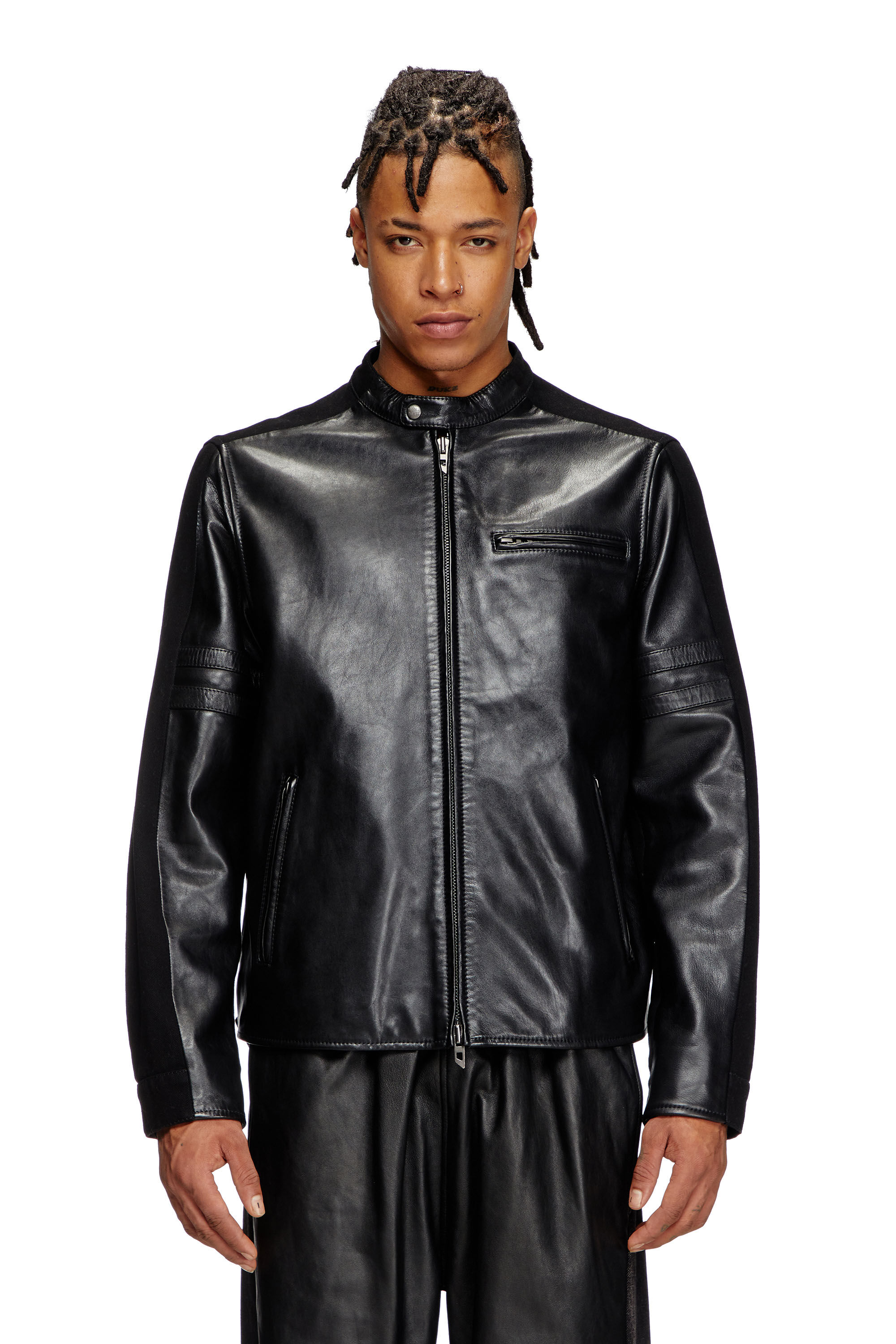Diesel - L-SIMZ, Veste hybride en denim et cuir Homme in Noir - 3