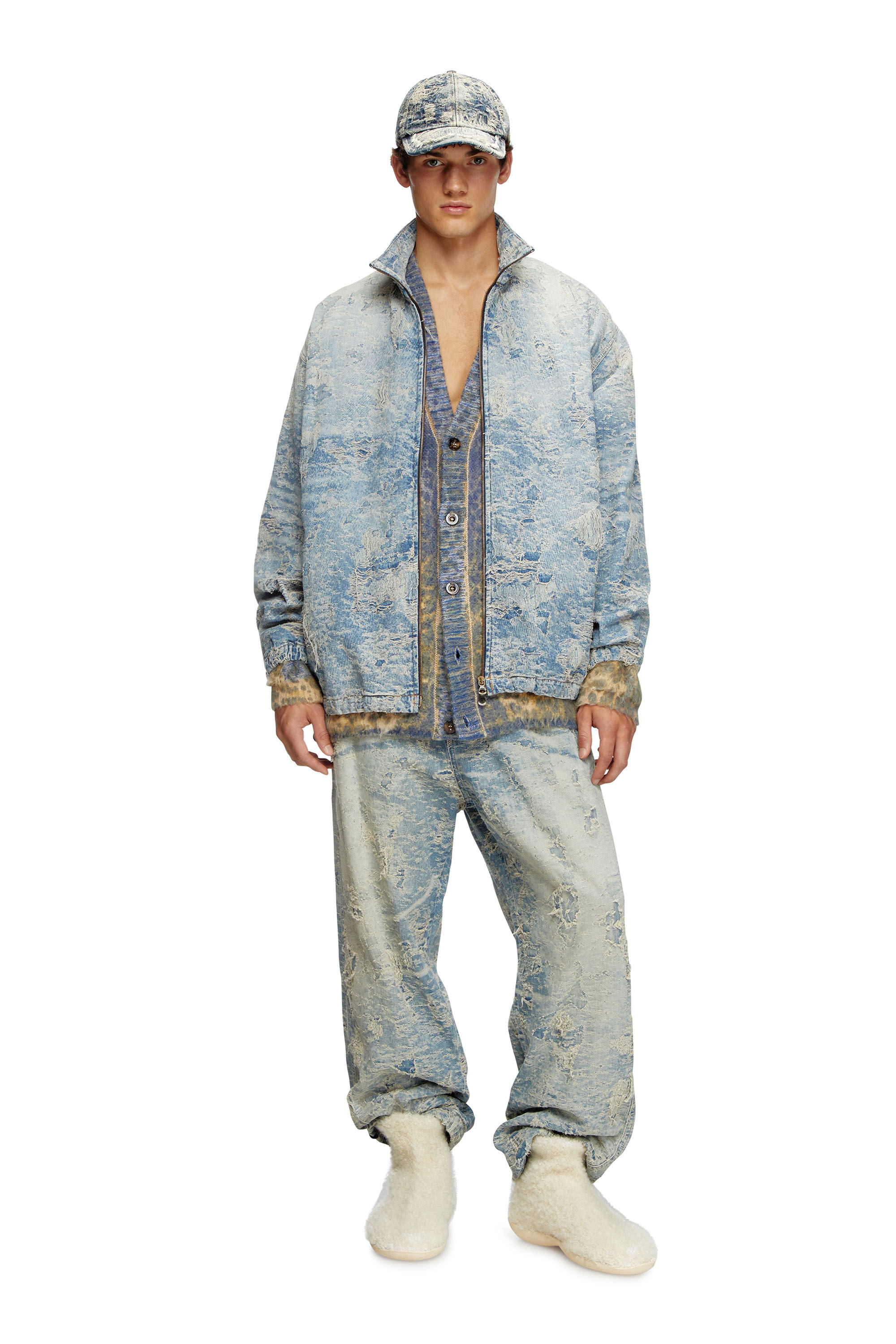 Diesel - D-KRAP-FSF, Veste zippée en denim jacquard effet sali Mixte in Bleu - 1