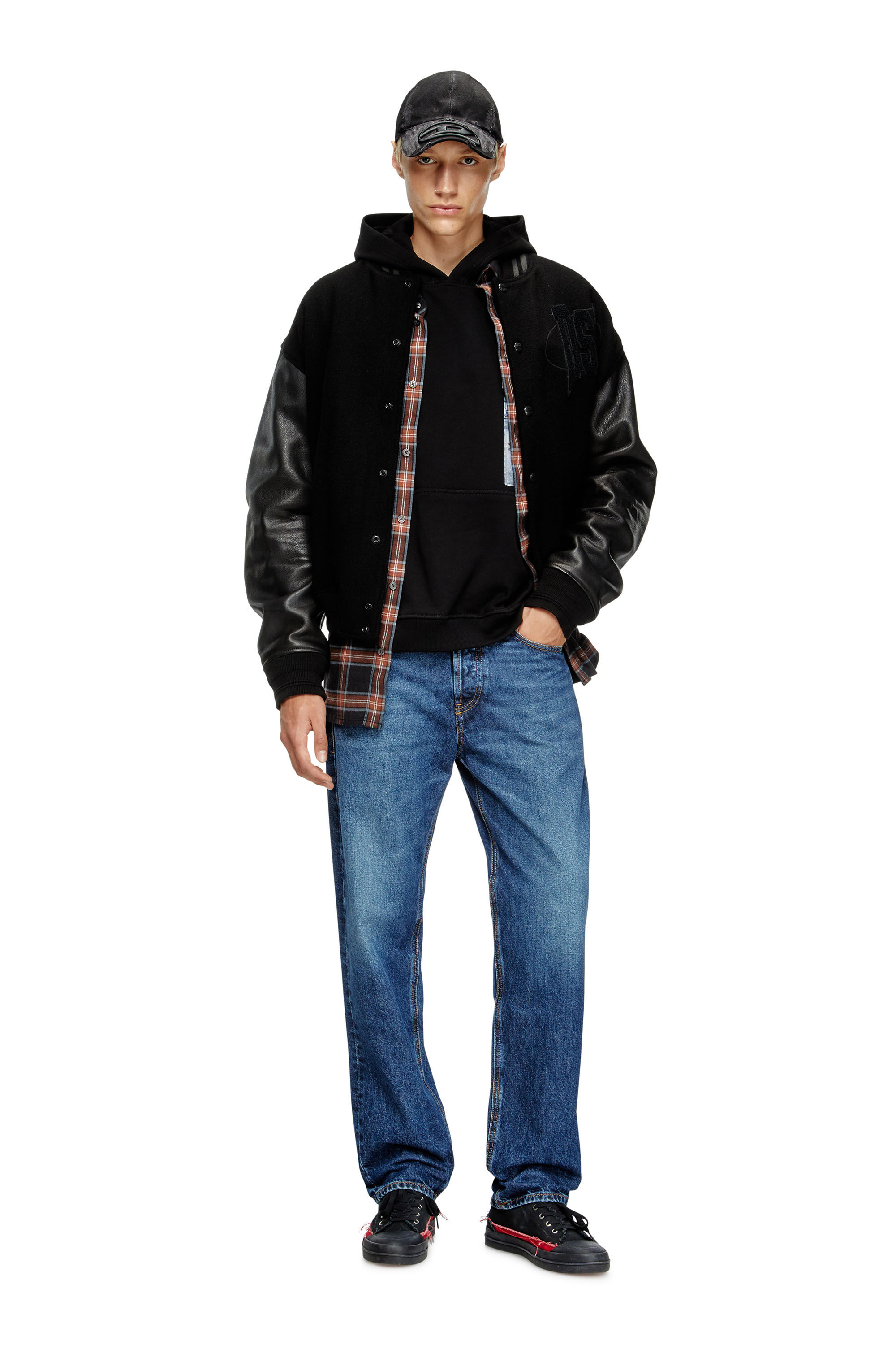 Diesel - L-NYMAN, Male's Varsity bomber jacket in cotton and leather in Black - 1