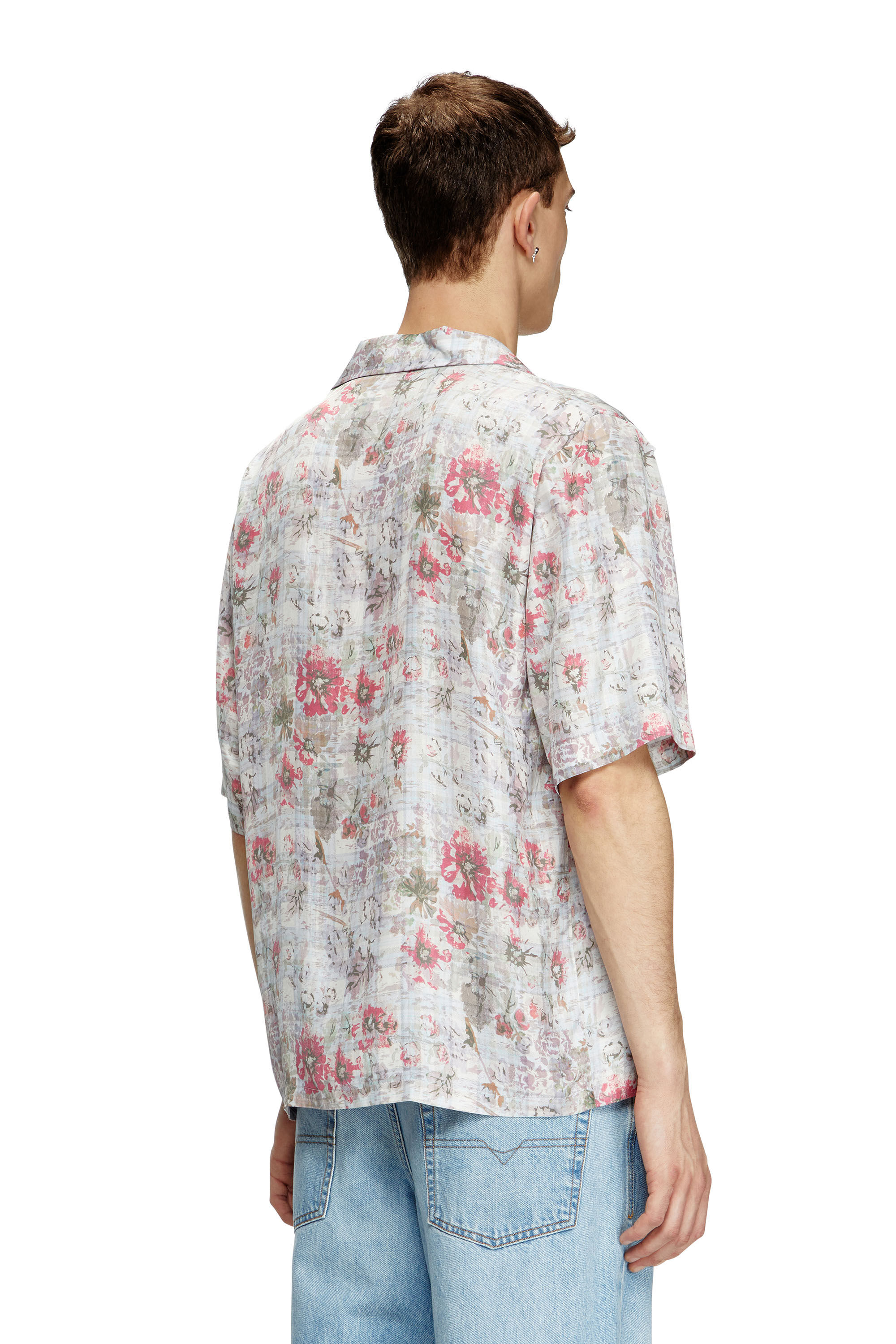 Diesel - S-LEYS, Male's Bowling shirt with floral print in Blue/Pink - 4