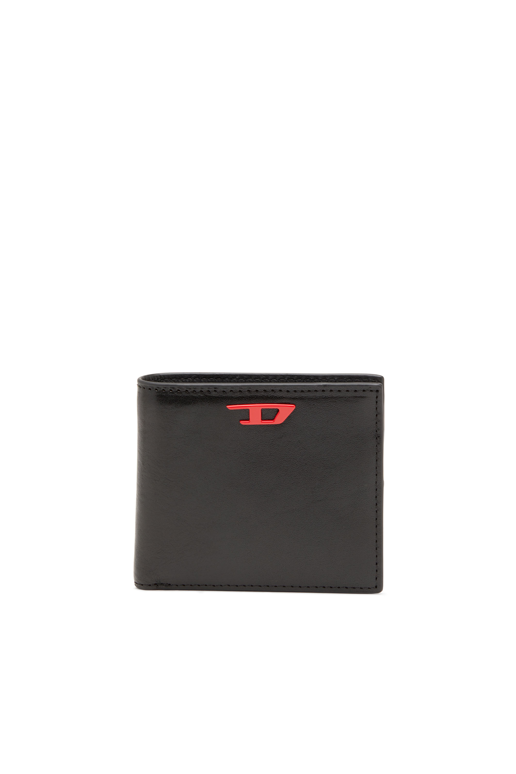 Diesel - RAVE BI-FOLD COIN S, Male's Leather bi-fold wallet with red D plaque in Black - 1