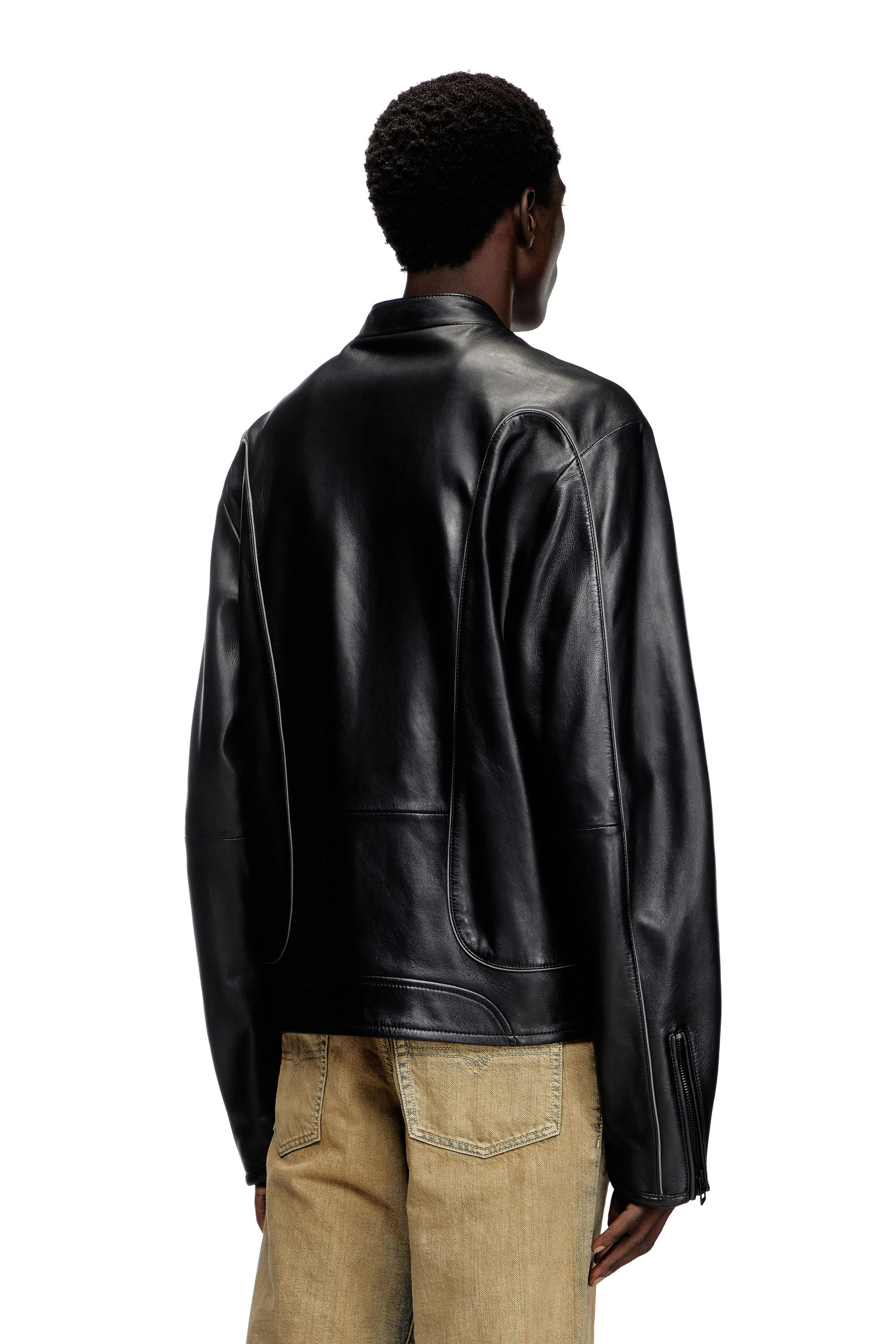 Diesel - L-KRIXY, Male's Leather biker jacket with piping detail in Black - 4