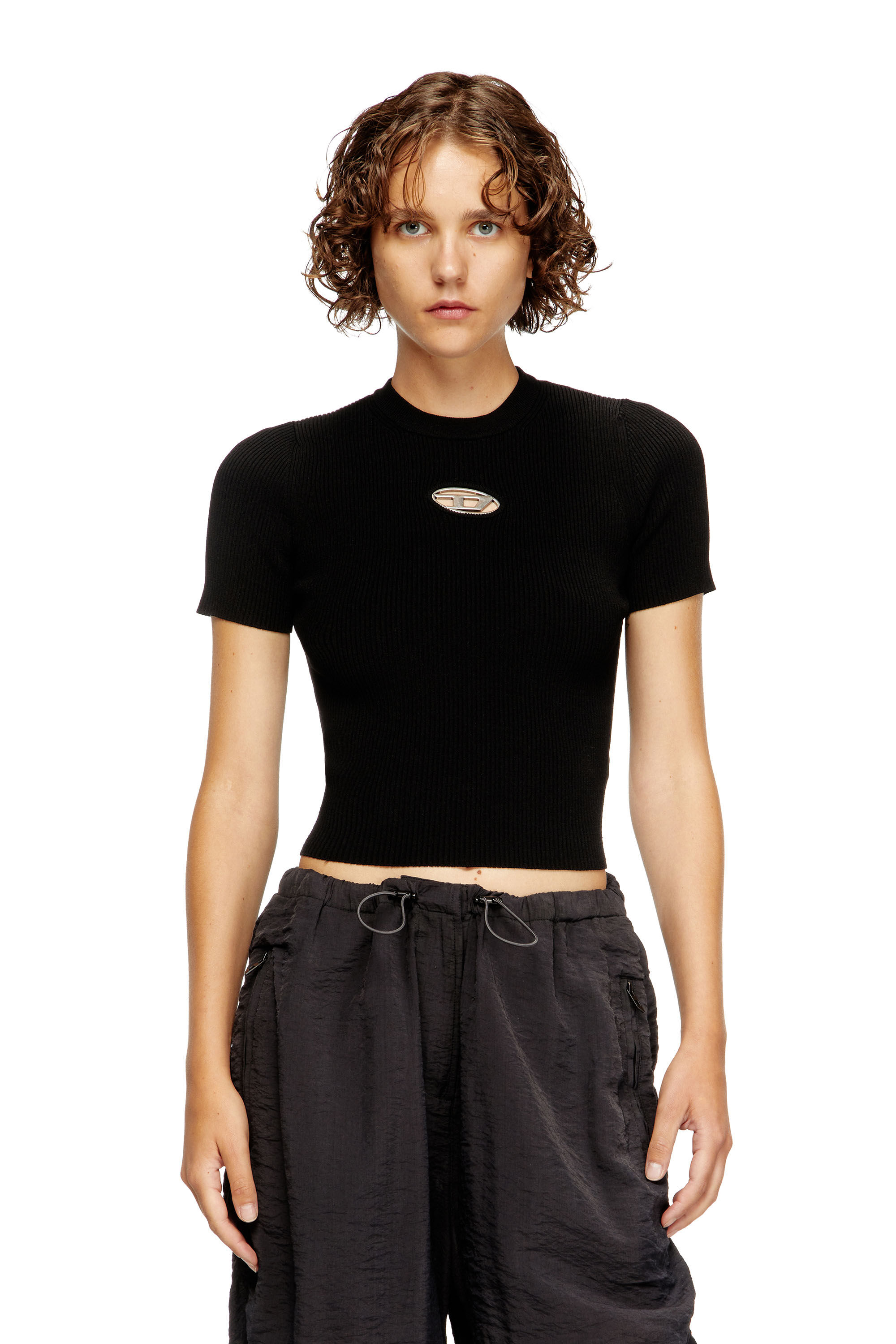 Diesel - M-VALARI-SS, Pull à manches courtes avec Oval D en métal Femme in Noir - 3
