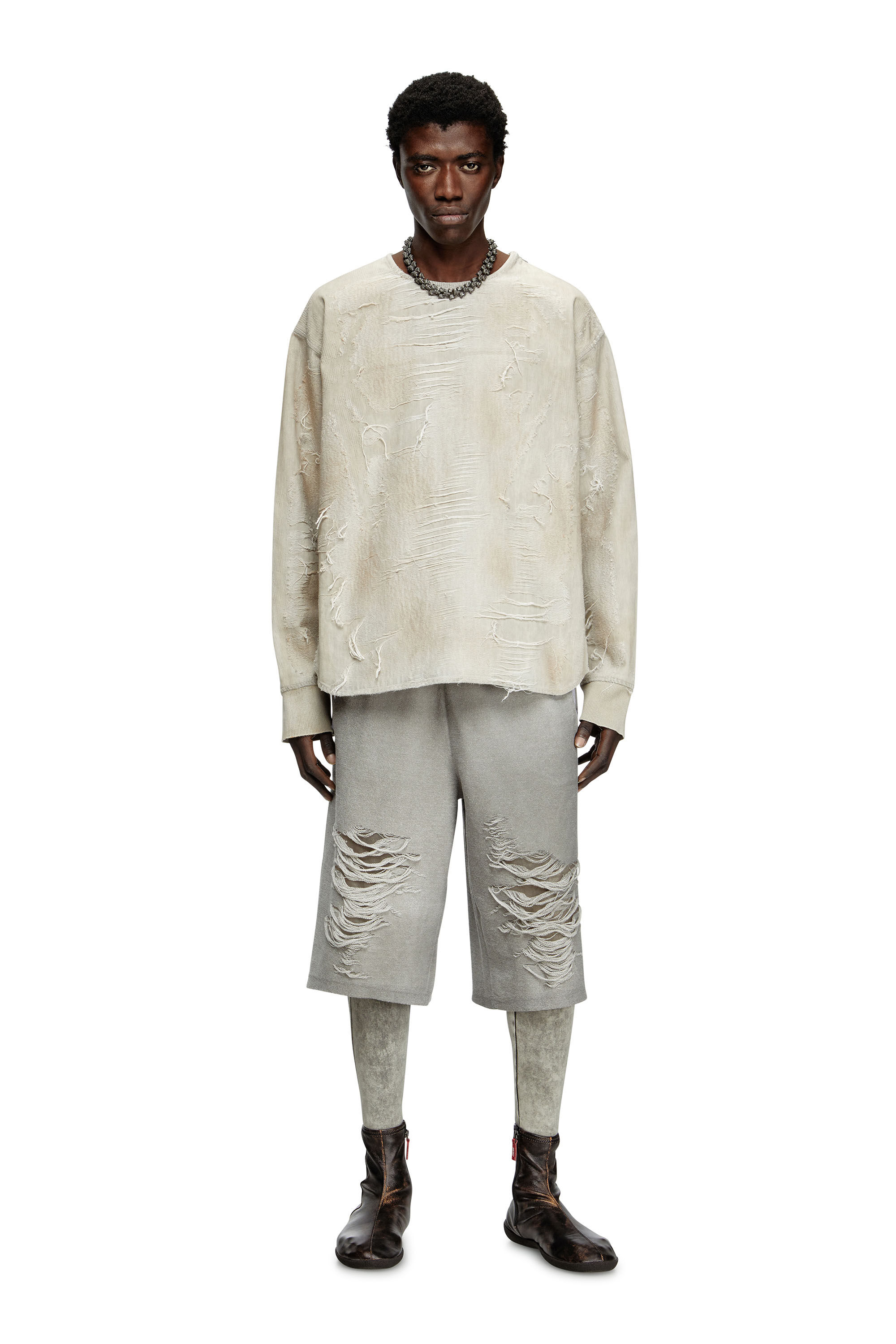 Diesel - D-JUST-FSG1, Male's Sweater in micro-distressed jacquard denim in Light Grey - 1