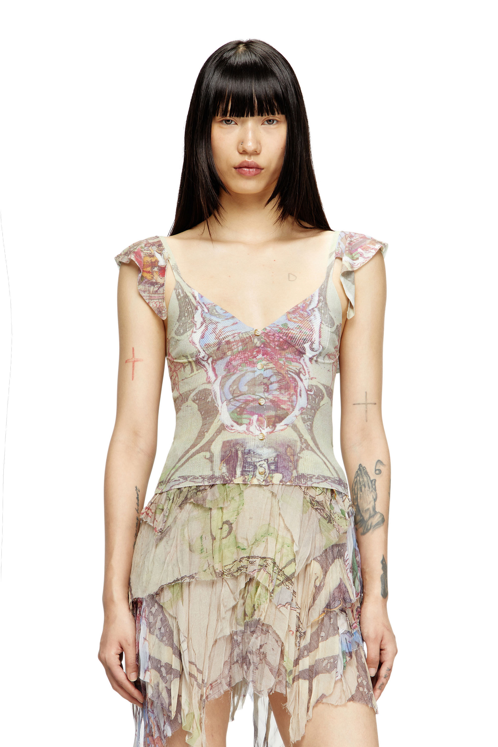 Diesel - M-FIORE, Female's Ruffle-shoulder knit top with medieval print in Beige - 3