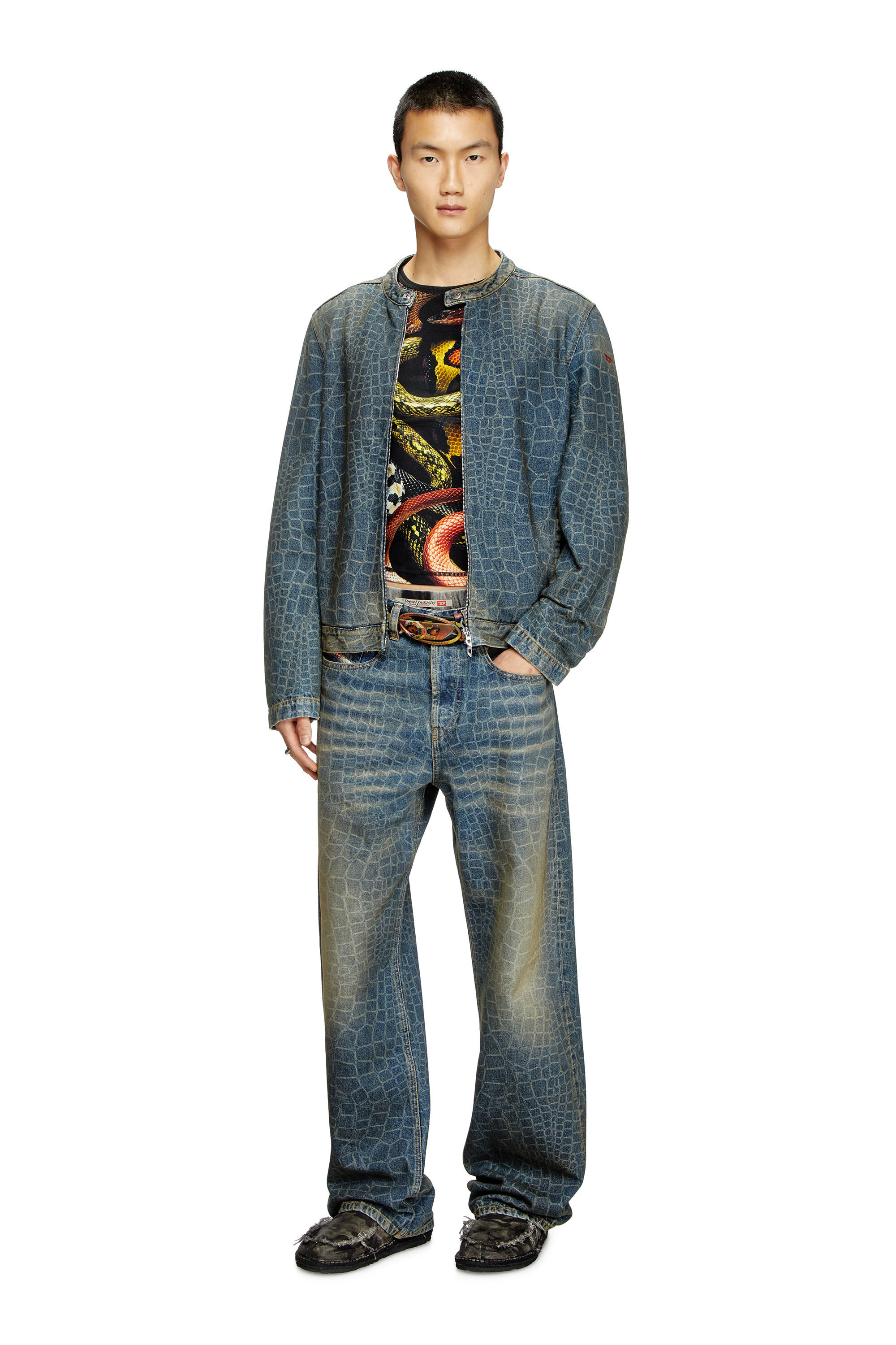 Diesel - CL-D-GLORY-SNAKE, Male's Moto jacket in snake-print denim in Dark Blue - 1
