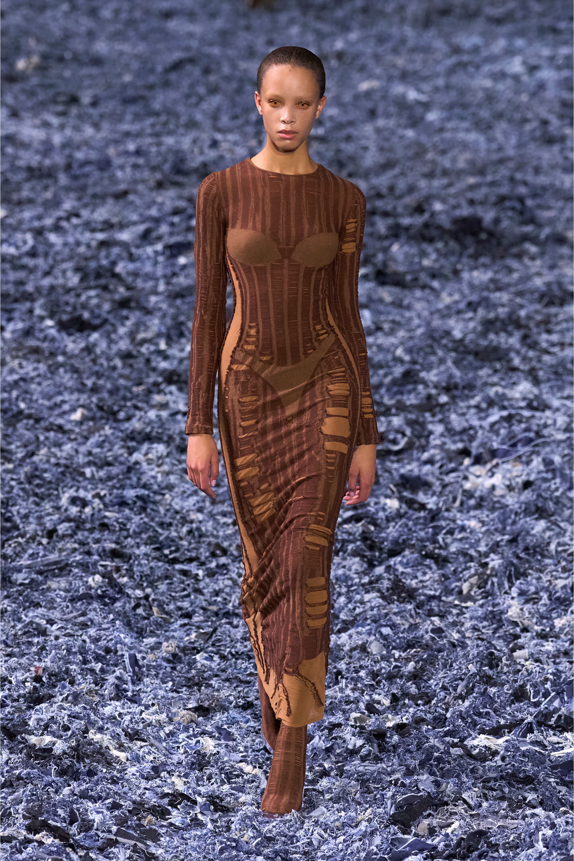 Diesel - M-CALIMERA, Female's Maxi dress in distressed second-skin knit in Brown - 5