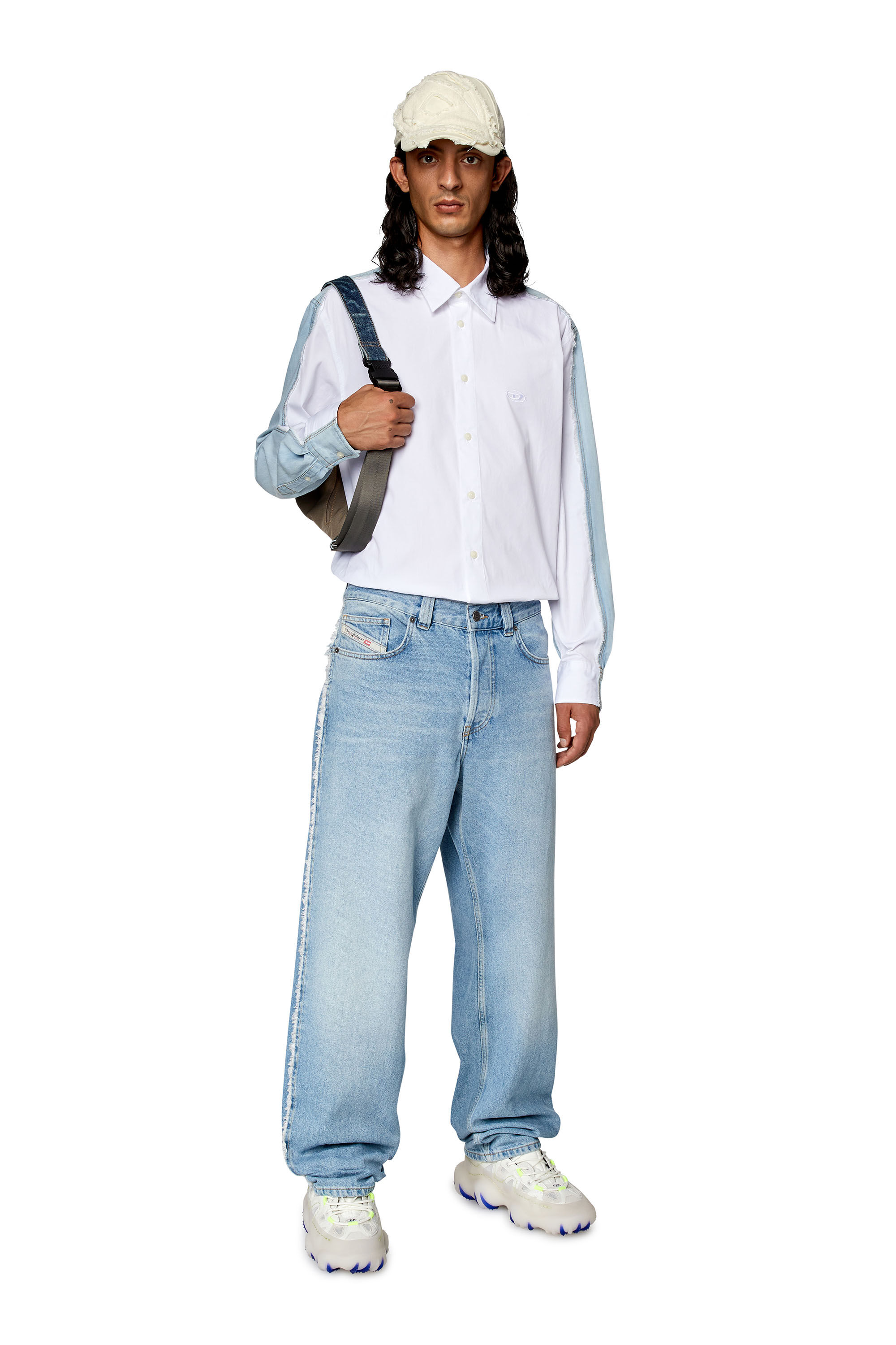 Men s Shirt in poplin and raw edge denim White Diesel
