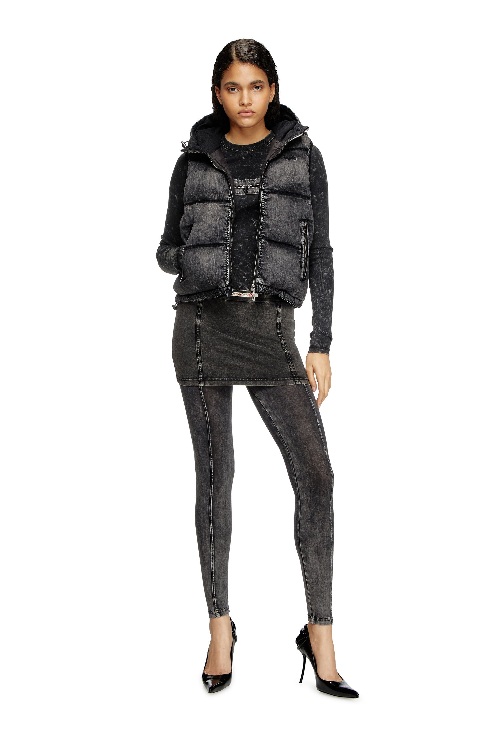 Diesel - W-HOPPER, Female's Hooded puffer vest in faded denim in Black - 1