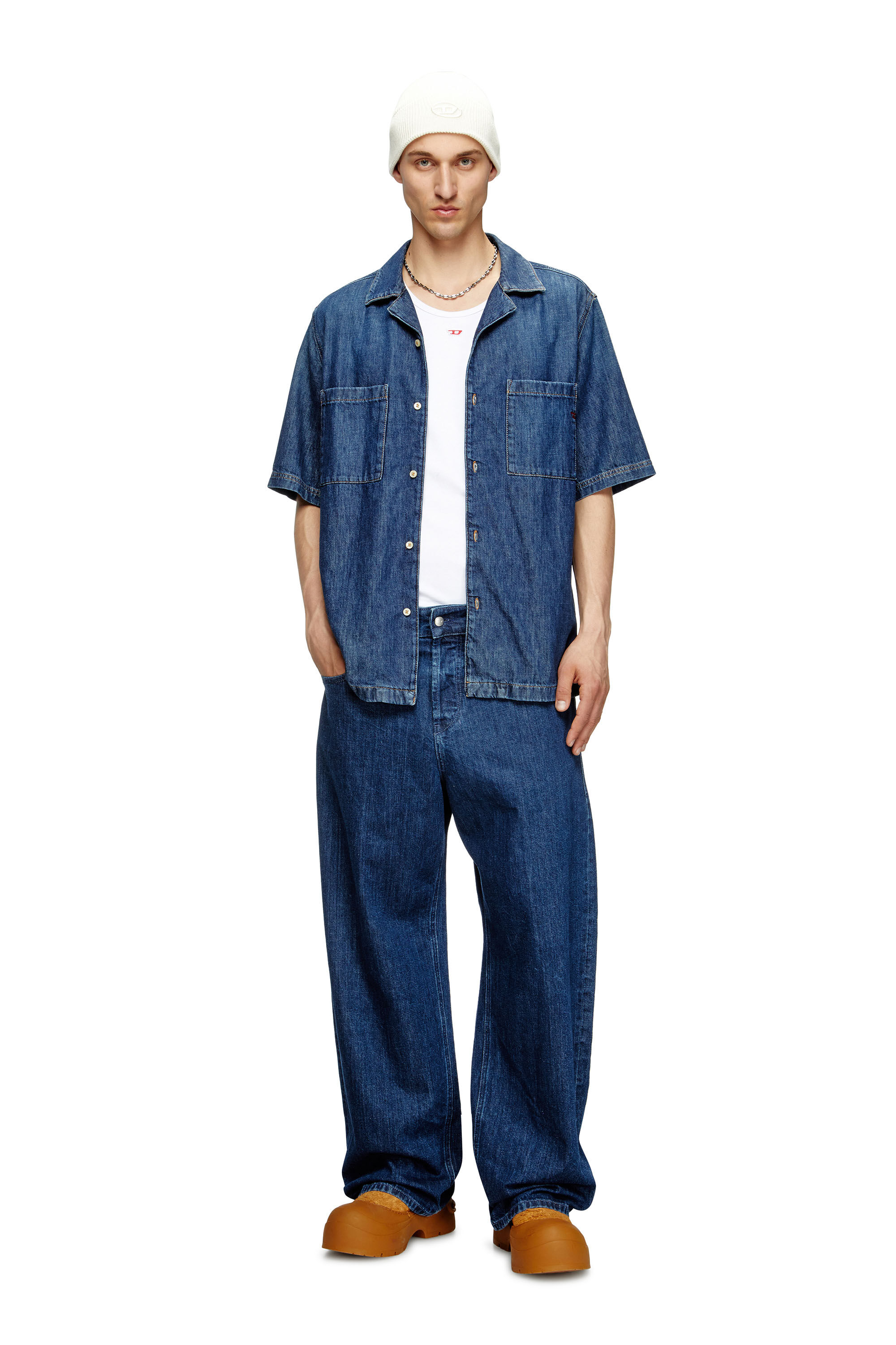 Diesel - D-PAROSHORT, Male's Bowling shirt in denim in Dark Blue - 1