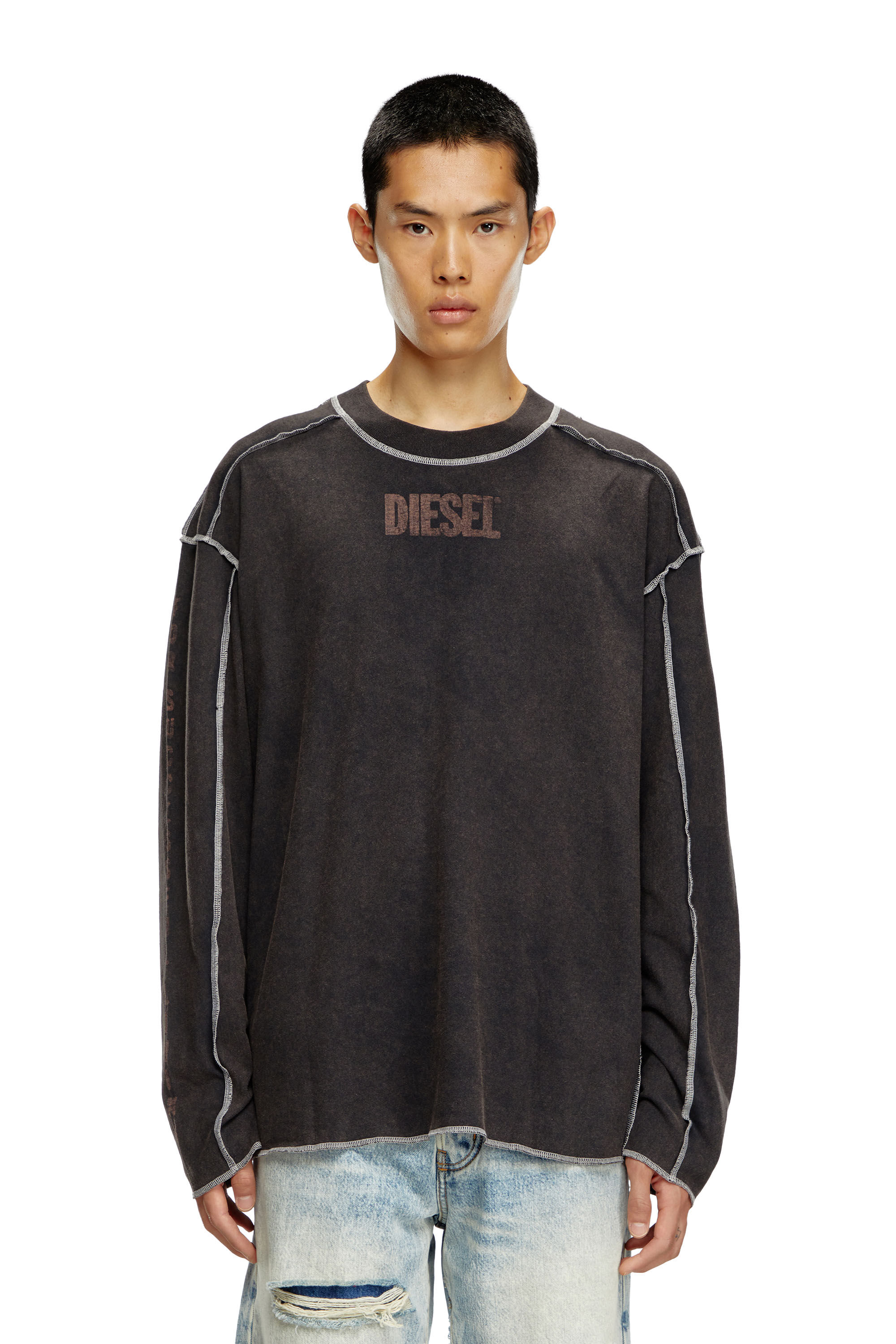 Diesel - T-CRAOR-LS, Male's Long-sleeve T-shirt with inside-out effect in Dark Grey - 6