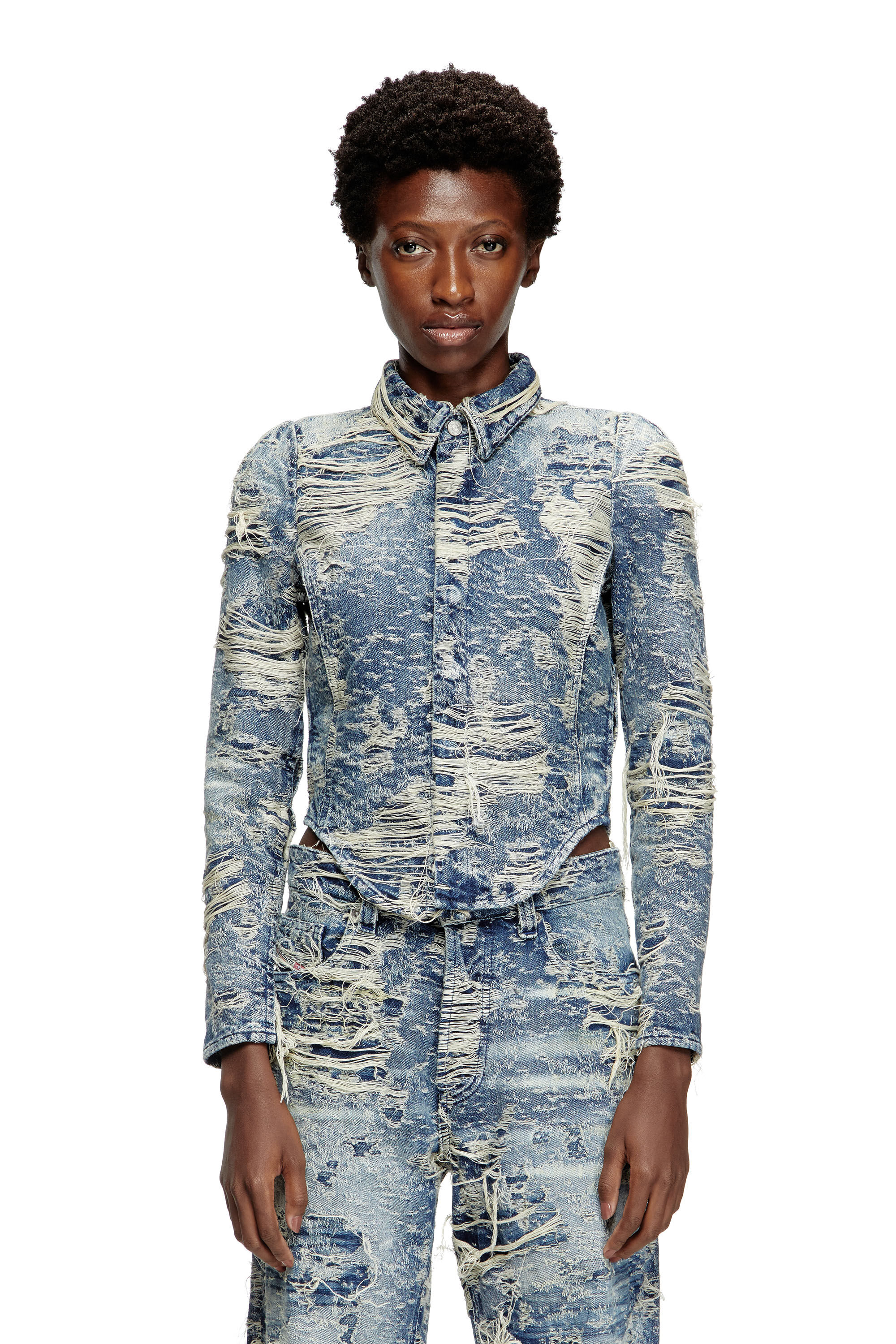 Diesel - DE-MADELINE-FSG, Chemise en denim jacquard avec fils flottants Femme in Bleu - 3