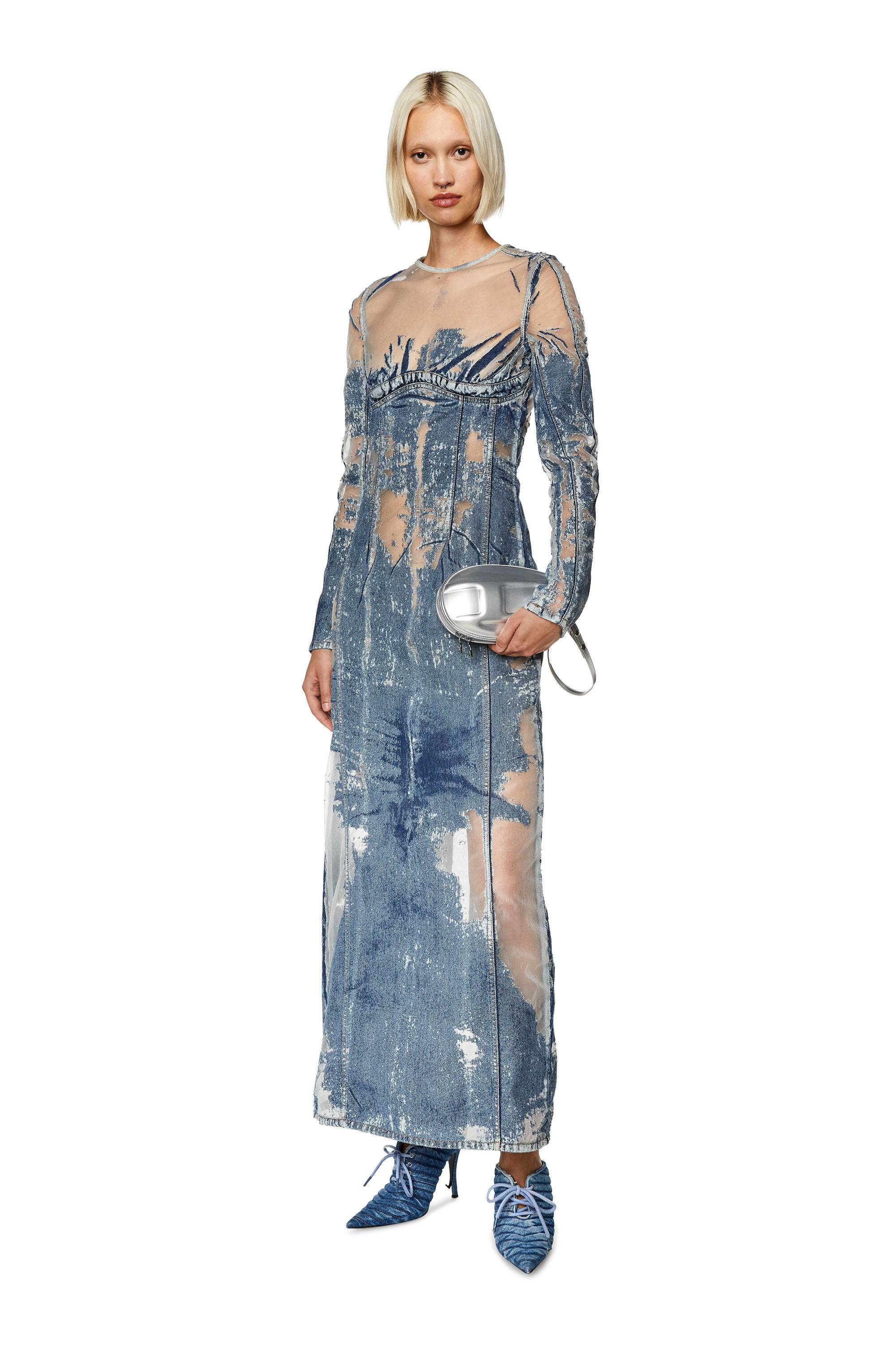 Diesel - DE-NICOLO-FSD, Female's Long denim dress with devoré in Light Blue - 1