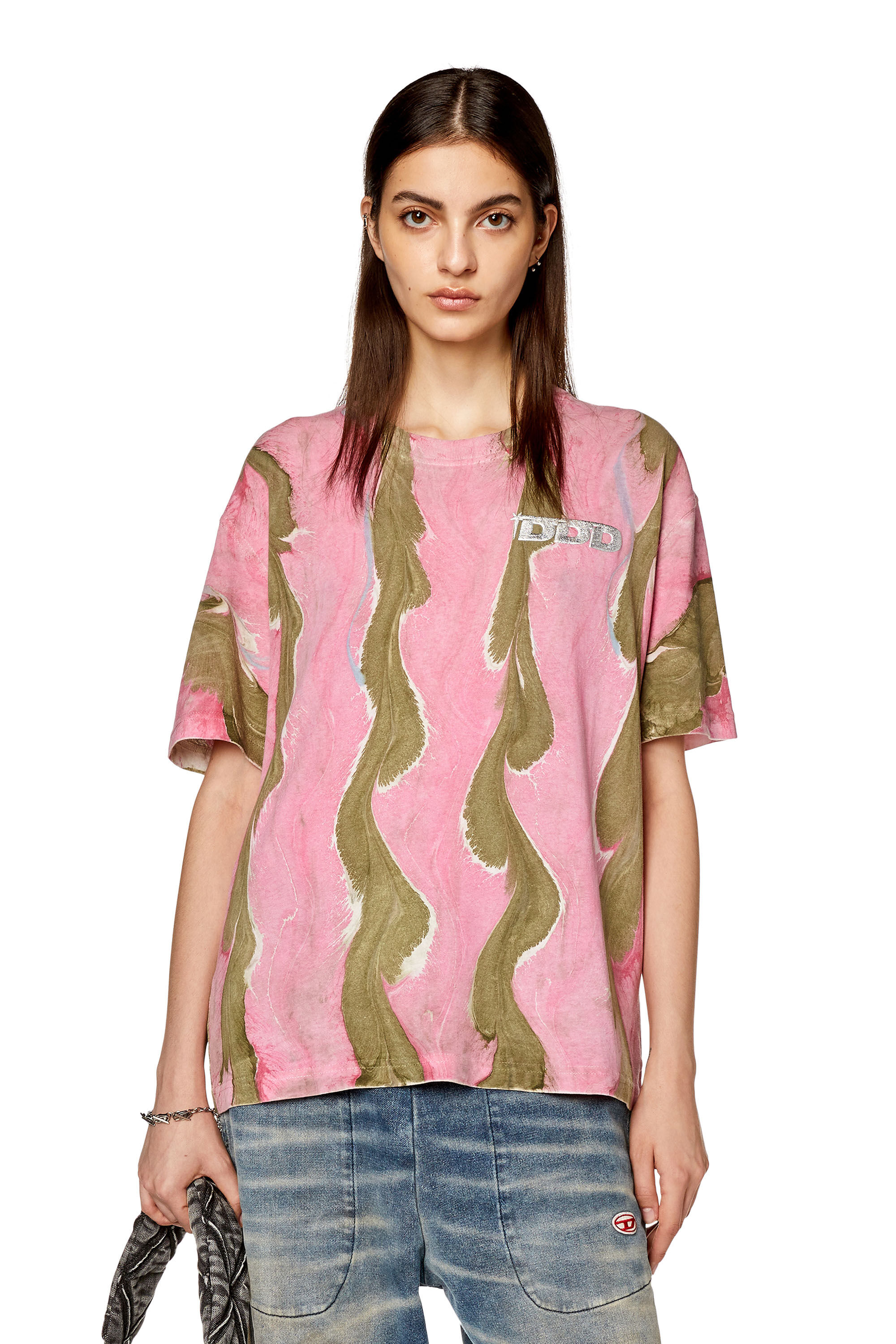 Diesel - T-DANNY-L3, Female's T-shirt with swirly print in Green/Pink - 3