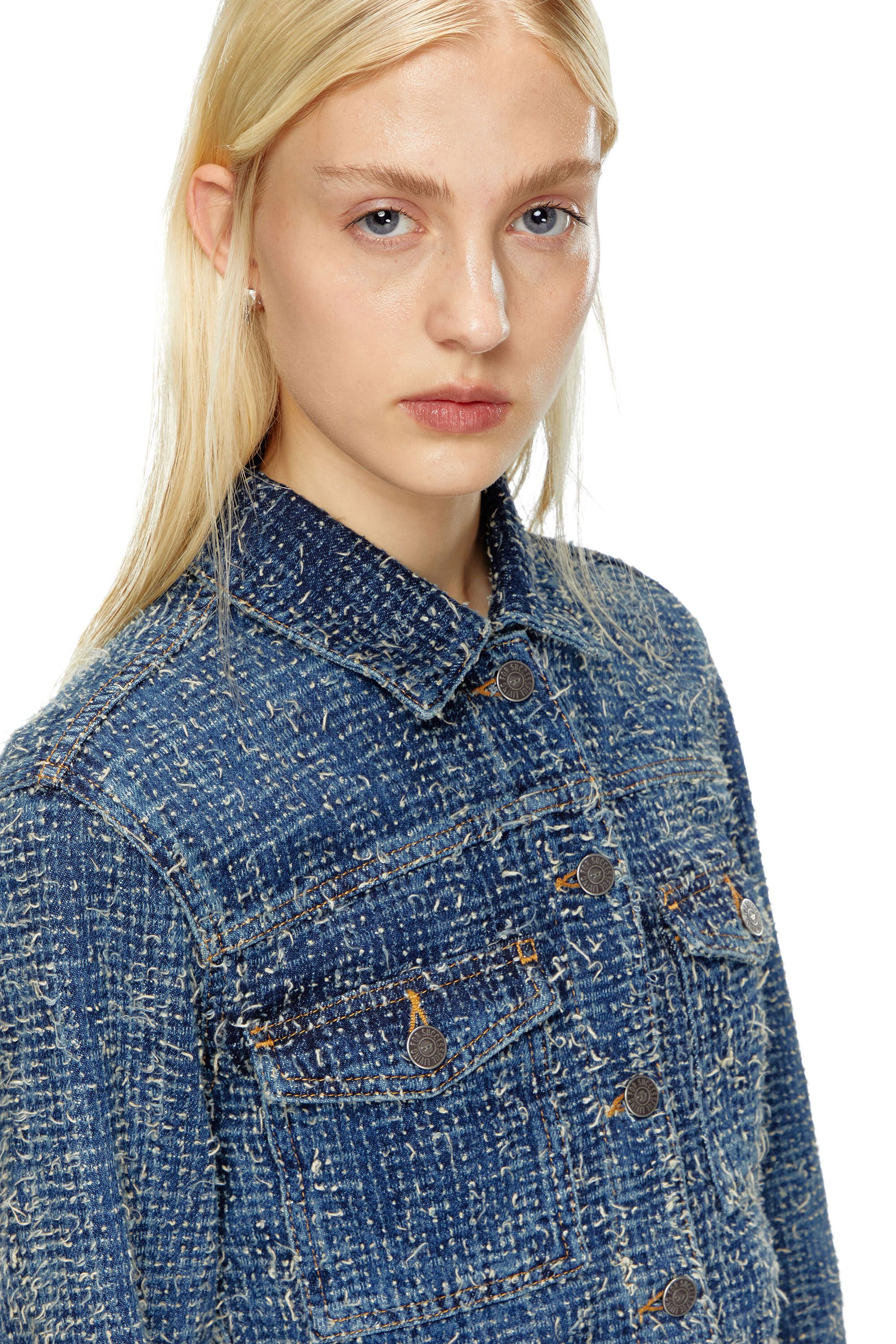 Diesel - DE-ATEL-S, Veste crop en denim bouclé Femme in Bleu - 4