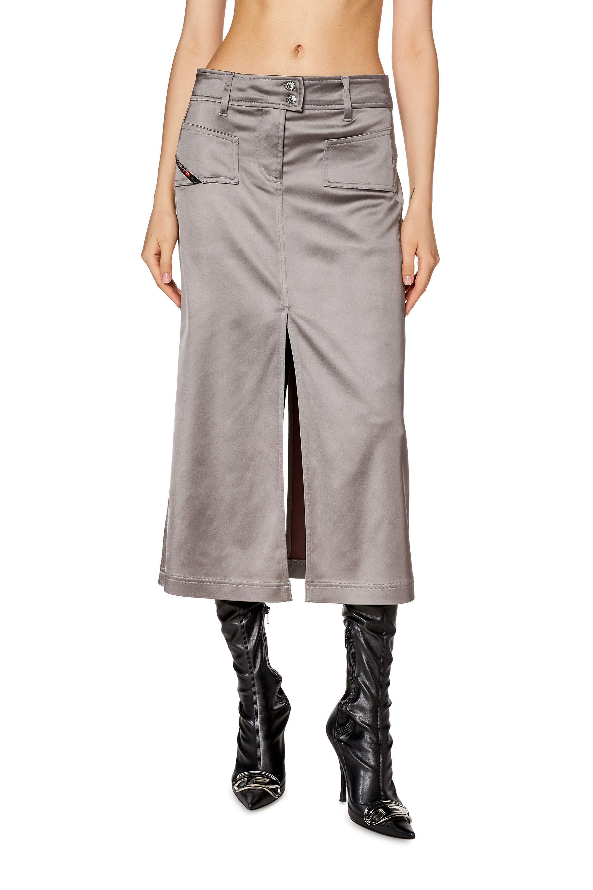 Diesel - O-YIN, Female's Midi skirt in shiny stretch satin in Grey - 3