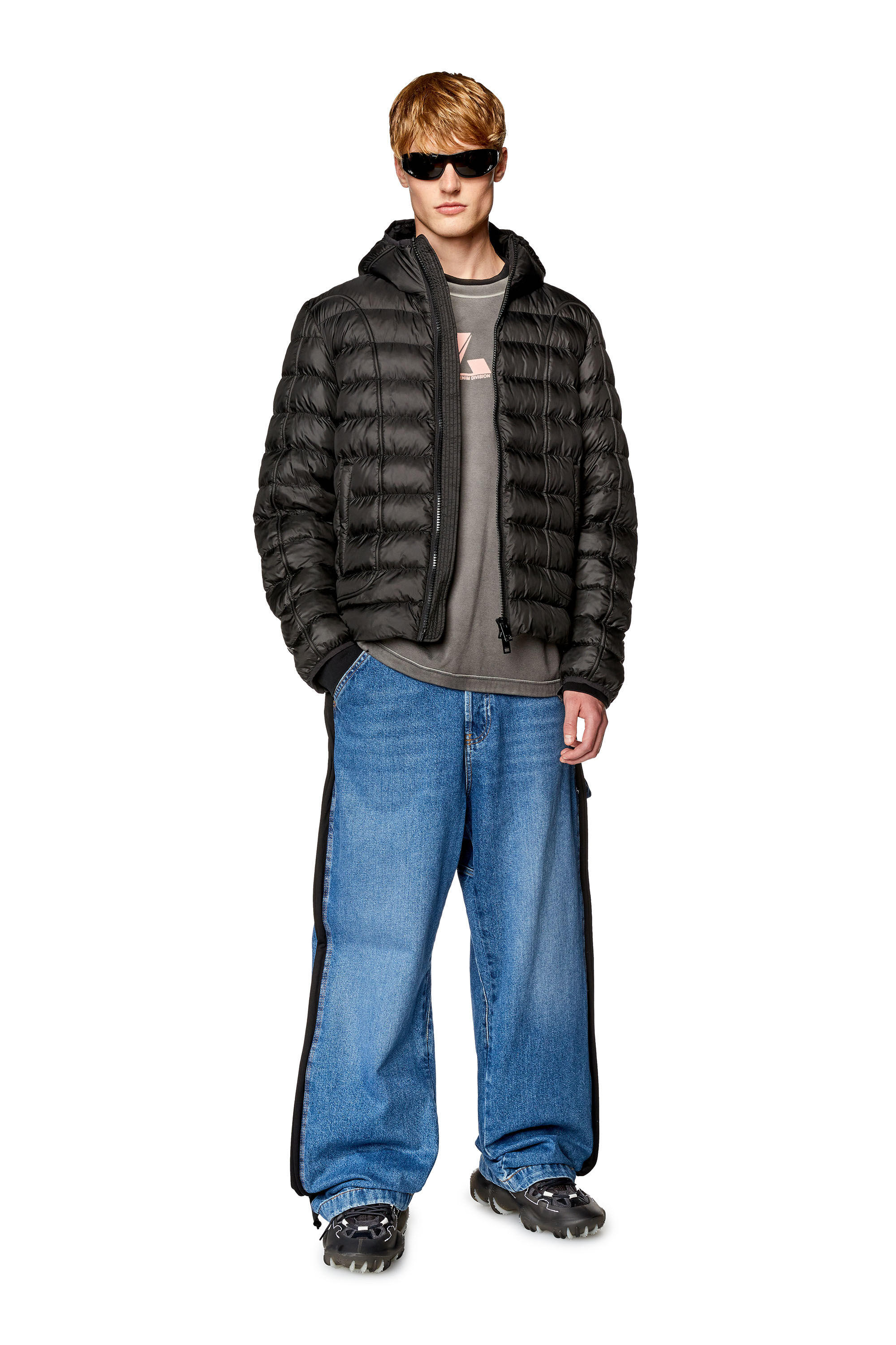 Diesel - W-SCOTTYS, Male's Hooded nylon puffer jacket with piping in Black - 1
