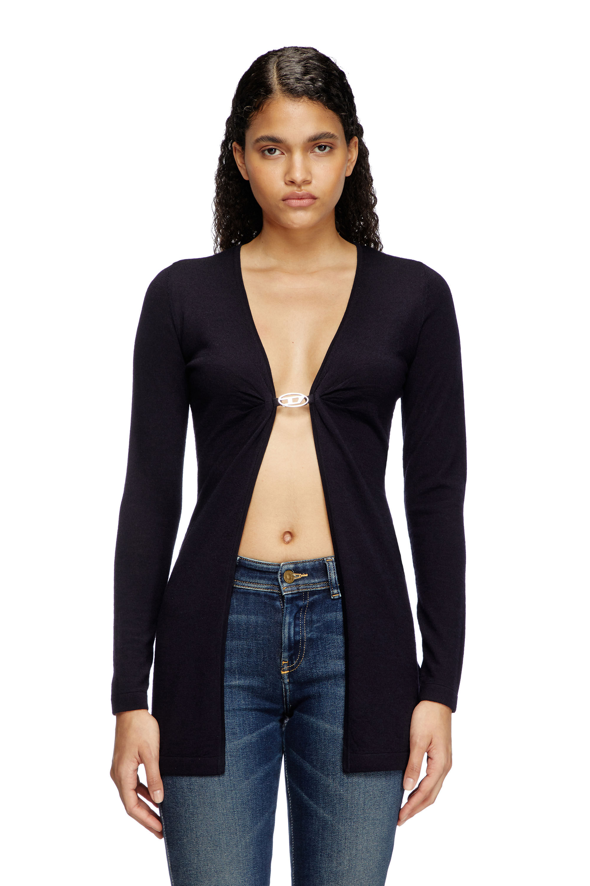 Diesel - M-PIERRY-LONG, Female's Longline wool cardigan with open front in Dark Blue - 3