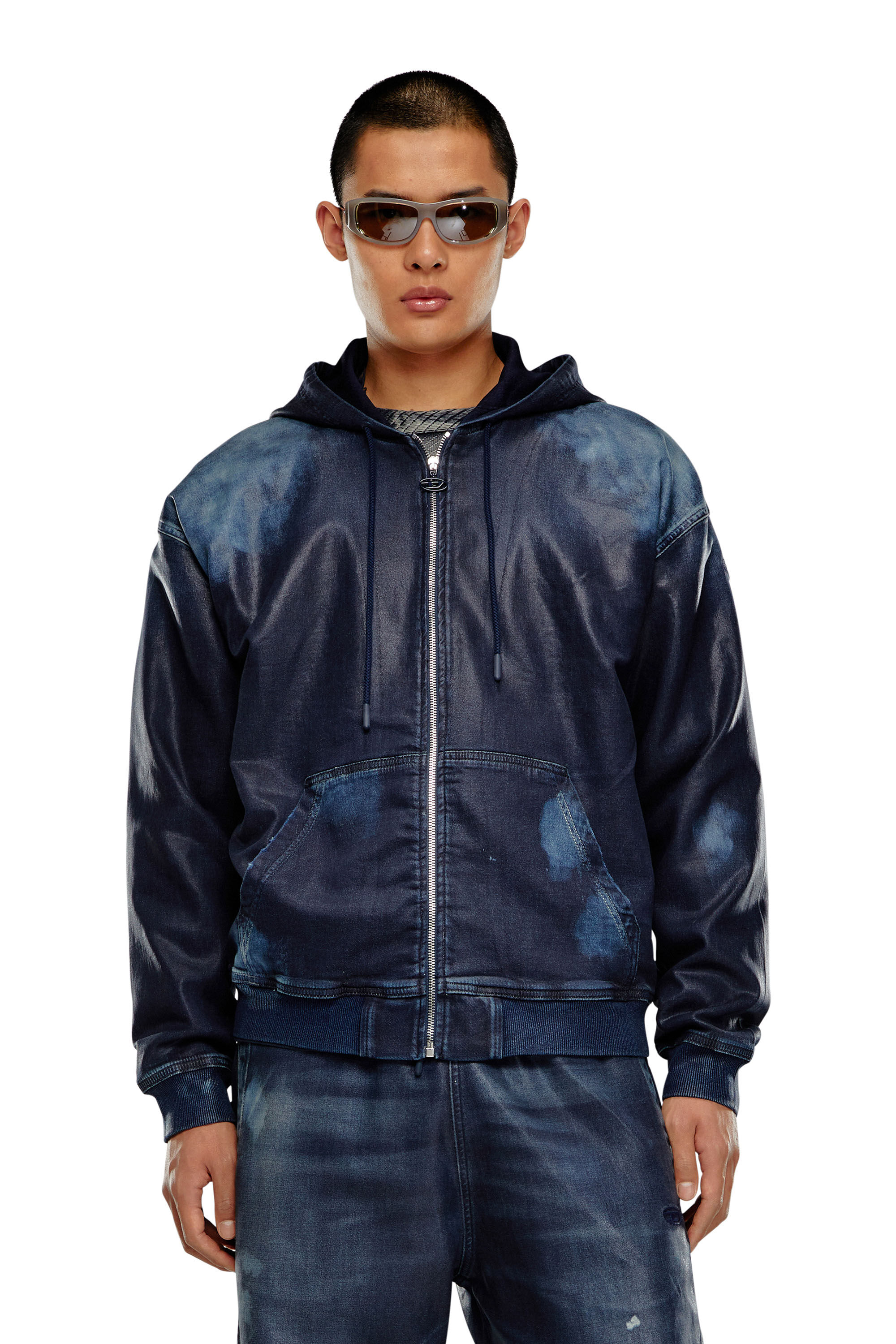 Men s Zip up hoodie in coated Track Denim Blue Diesel