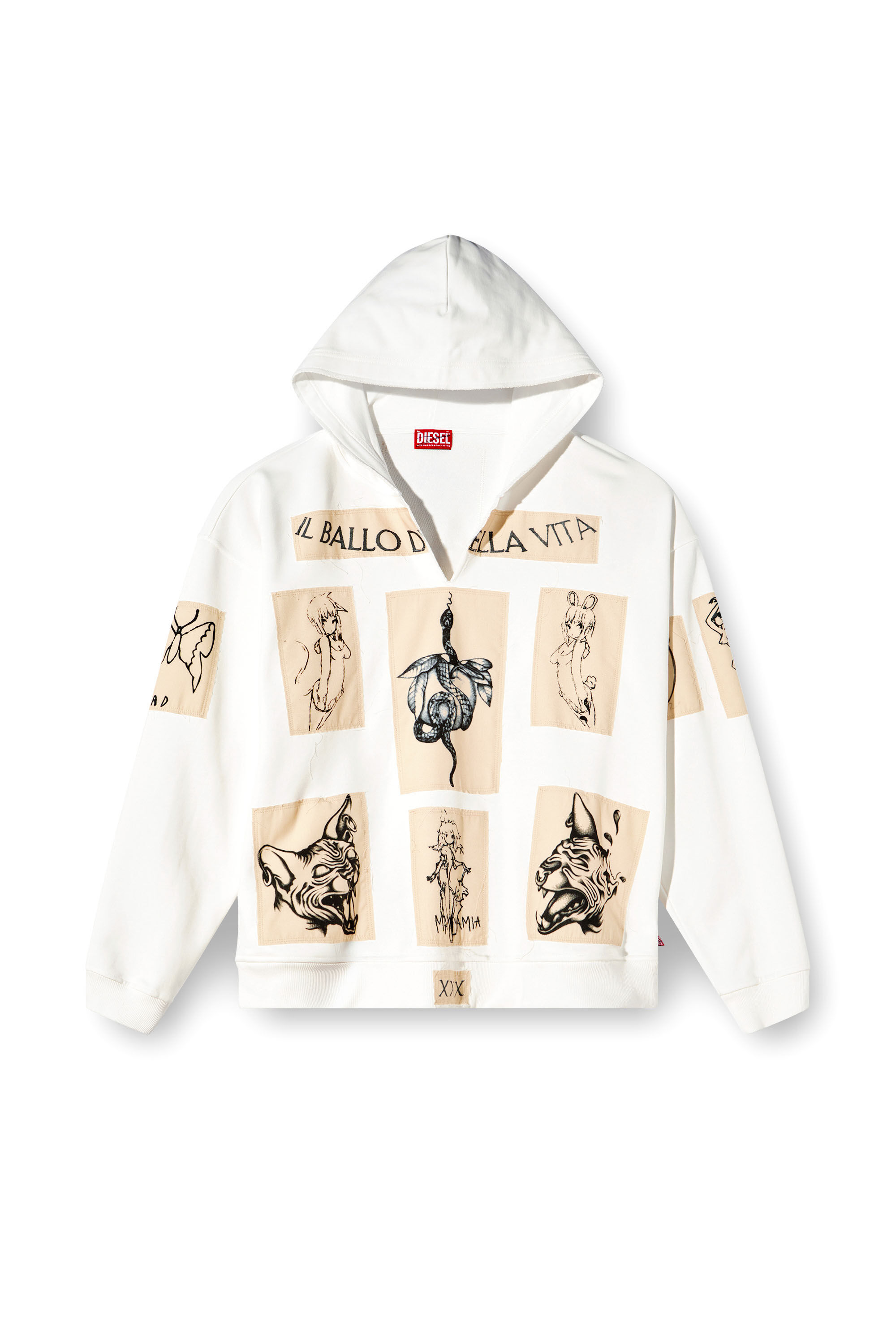 Diesel - S-BOXT-HOOD-DD, Sweat-shirt à capuche avec empiècements tatouage Mixte in Blanc - 2