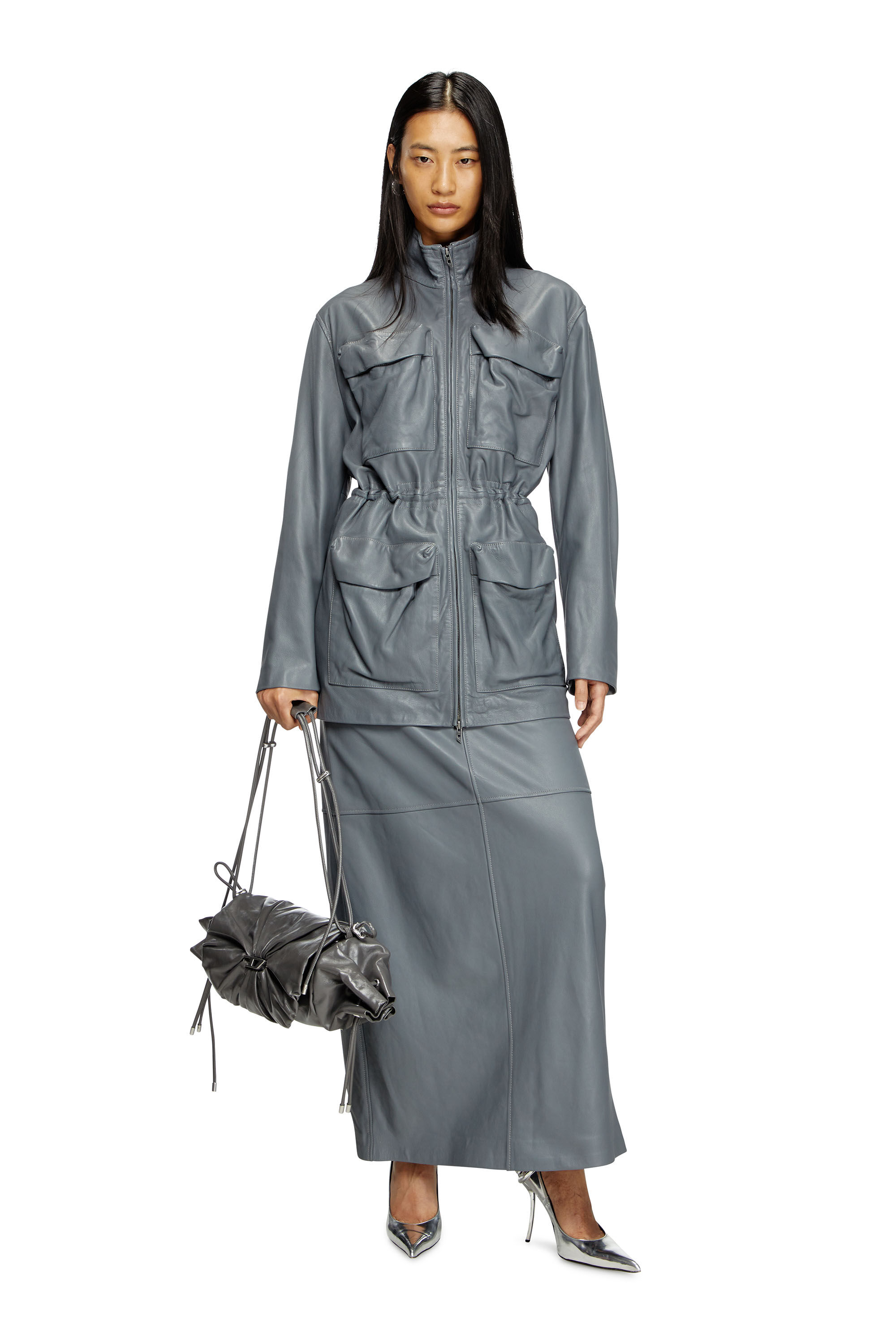 Diesel - L-WEN, Veste style militaire en cuir Femme in Gris - 1