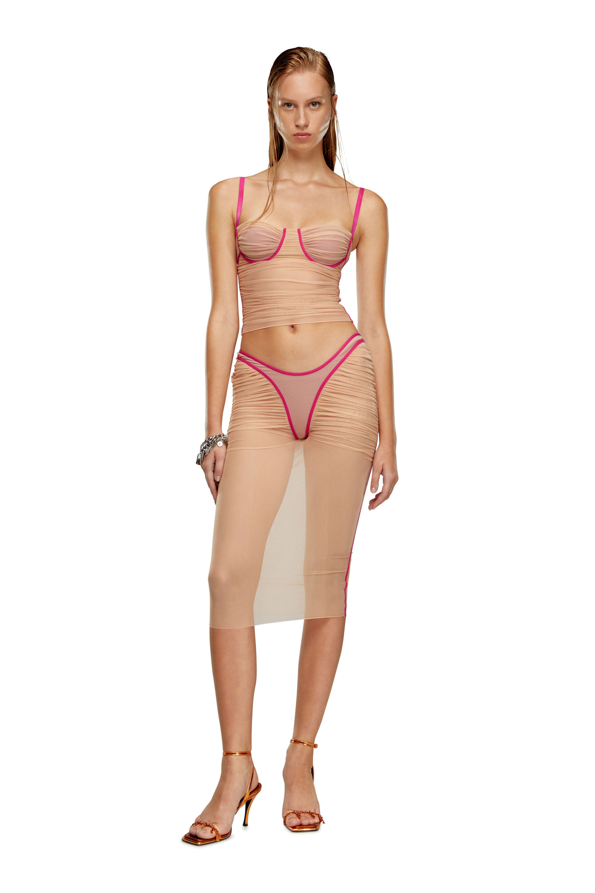 Diesel - T-HAILYNA, Femme Top en mesh froncé avec bordure in Rose - Image 1
