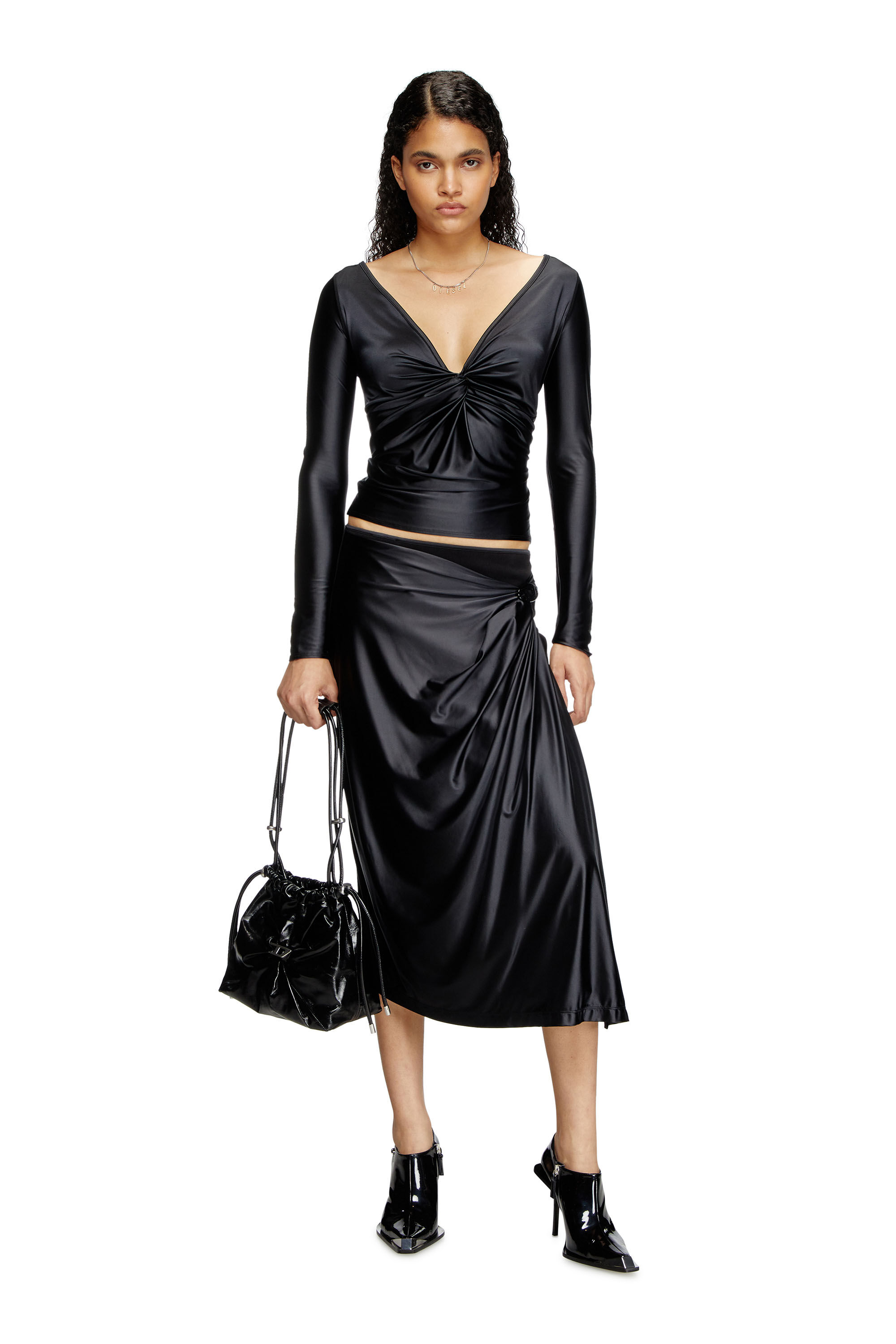 Diesel - T-KNOT, Female's Long sleeved gathered V-neck top with chintz finish in Black - 1