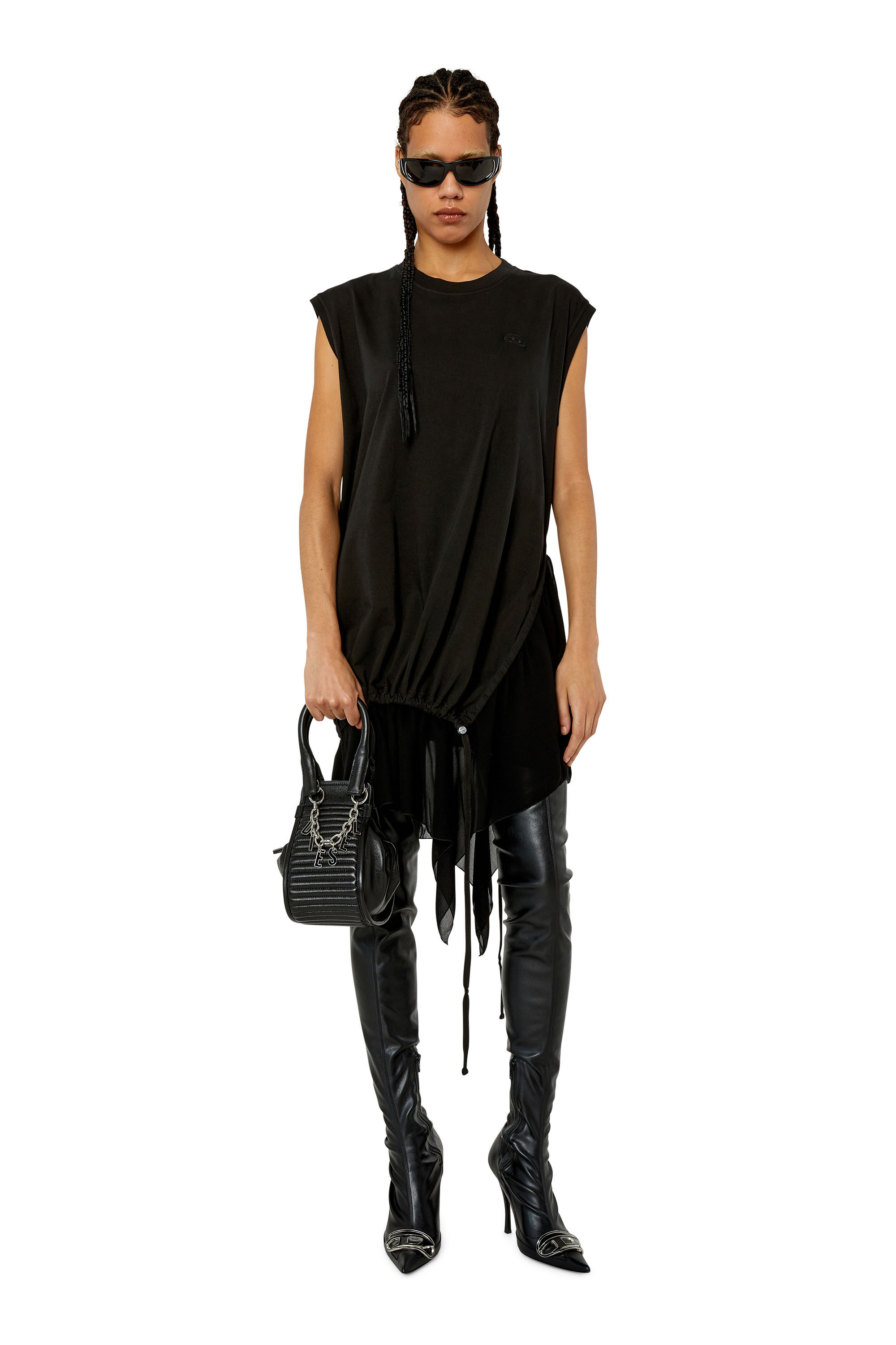 Diesel - D-ROLLETTY, Robe T-shirt avec ourlet Georgette Femme in Noir - 1