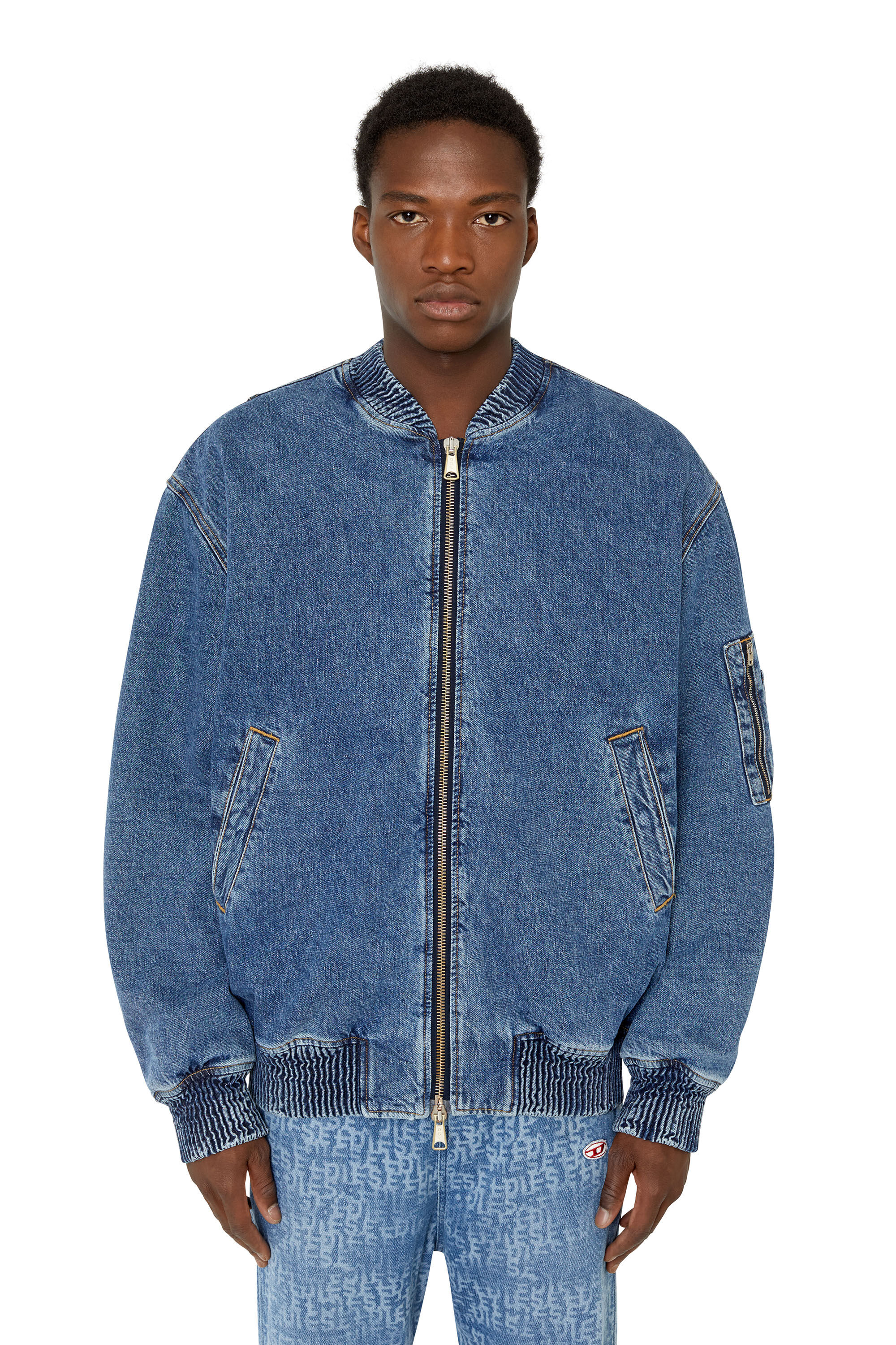 Blue denim outlet bomber jacket
