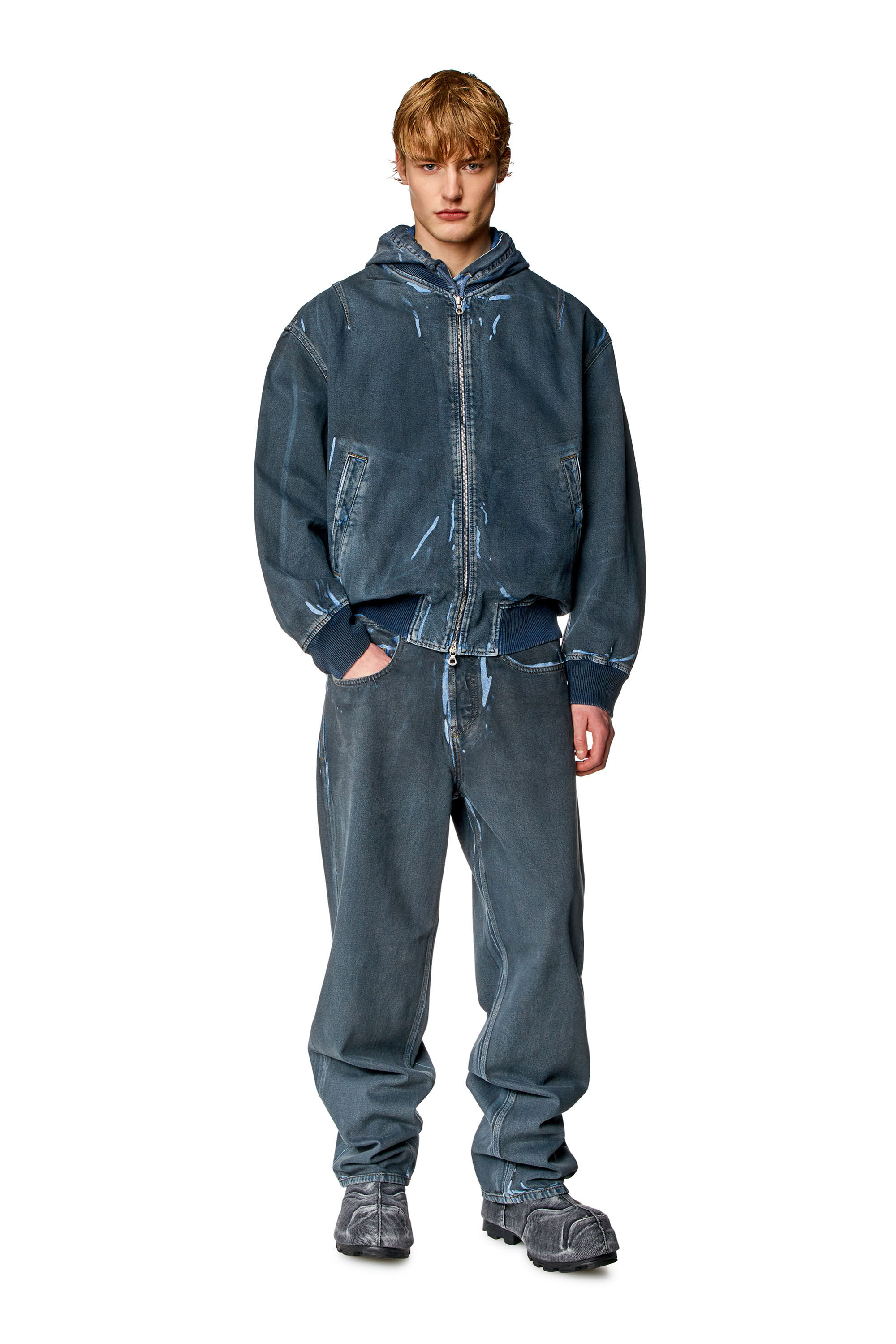 Men s Bomber jacket in used effect coated denim Blue Diesel