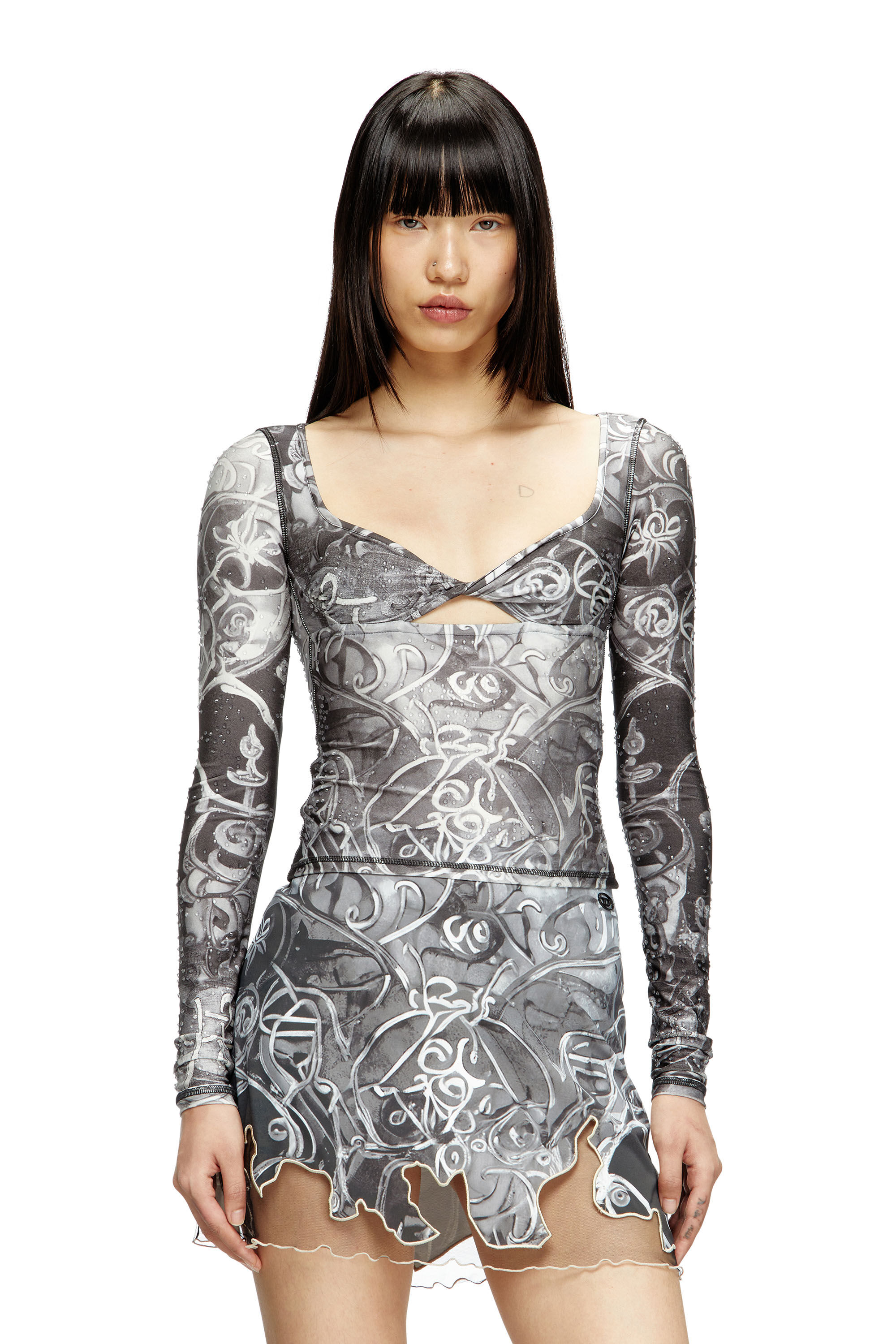 Diesel - T-ANTICA-LS, Haut imprimé parsemé de gouttes de cristal Femme in Gris - 3