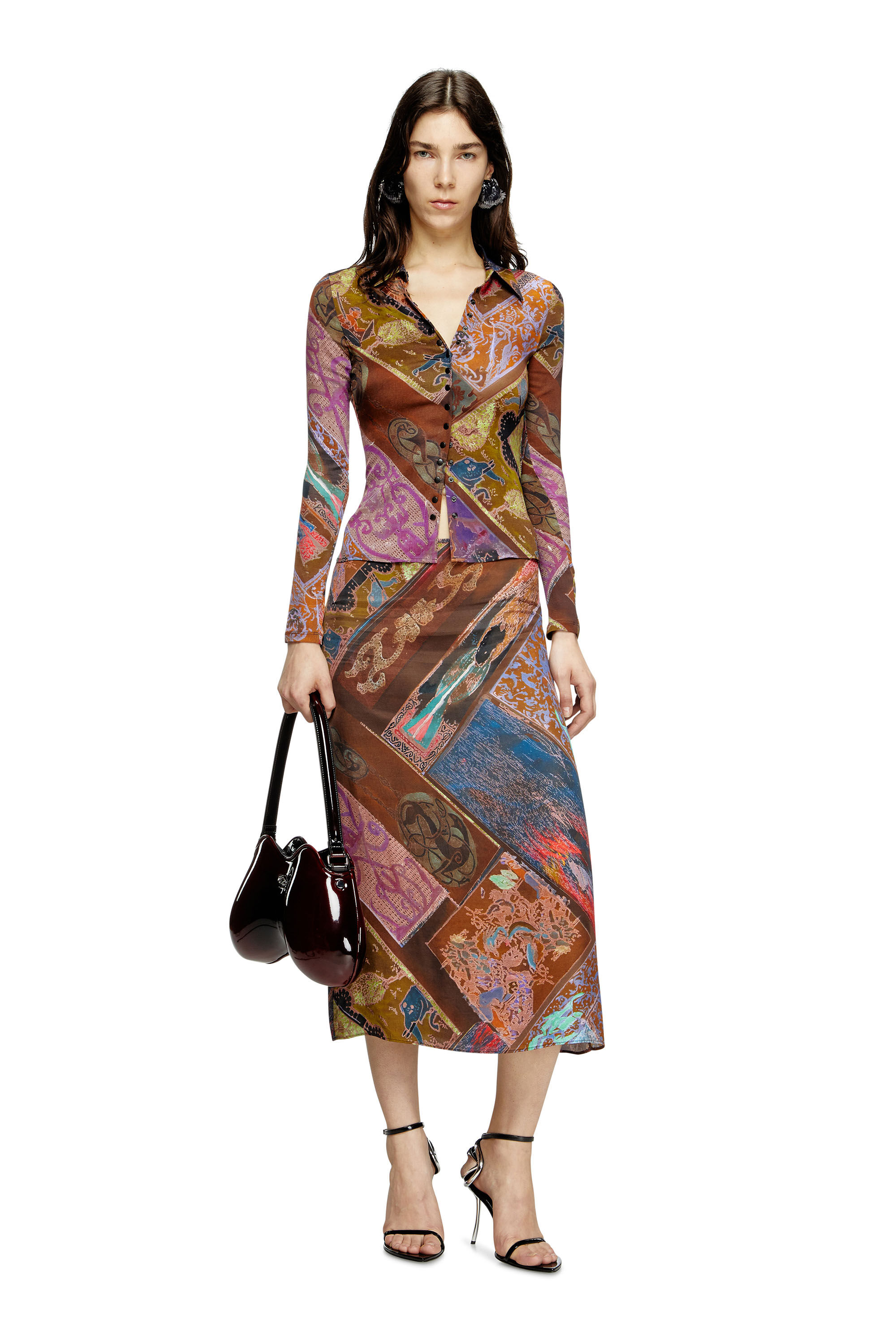 Diesel - C-AMELIA, Female's Stretch-viscose shirt with Heraldic print in Brown - 1