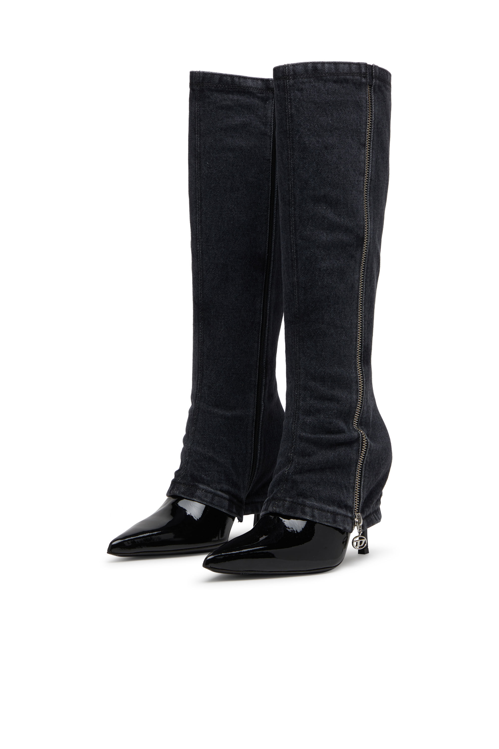 Diesel - D-VENUS TWISTED BOOT, D-Venus-Botte à talon aiguille hauteur genou avec effet de jean trompe-l'œil Femme in Noir - 7