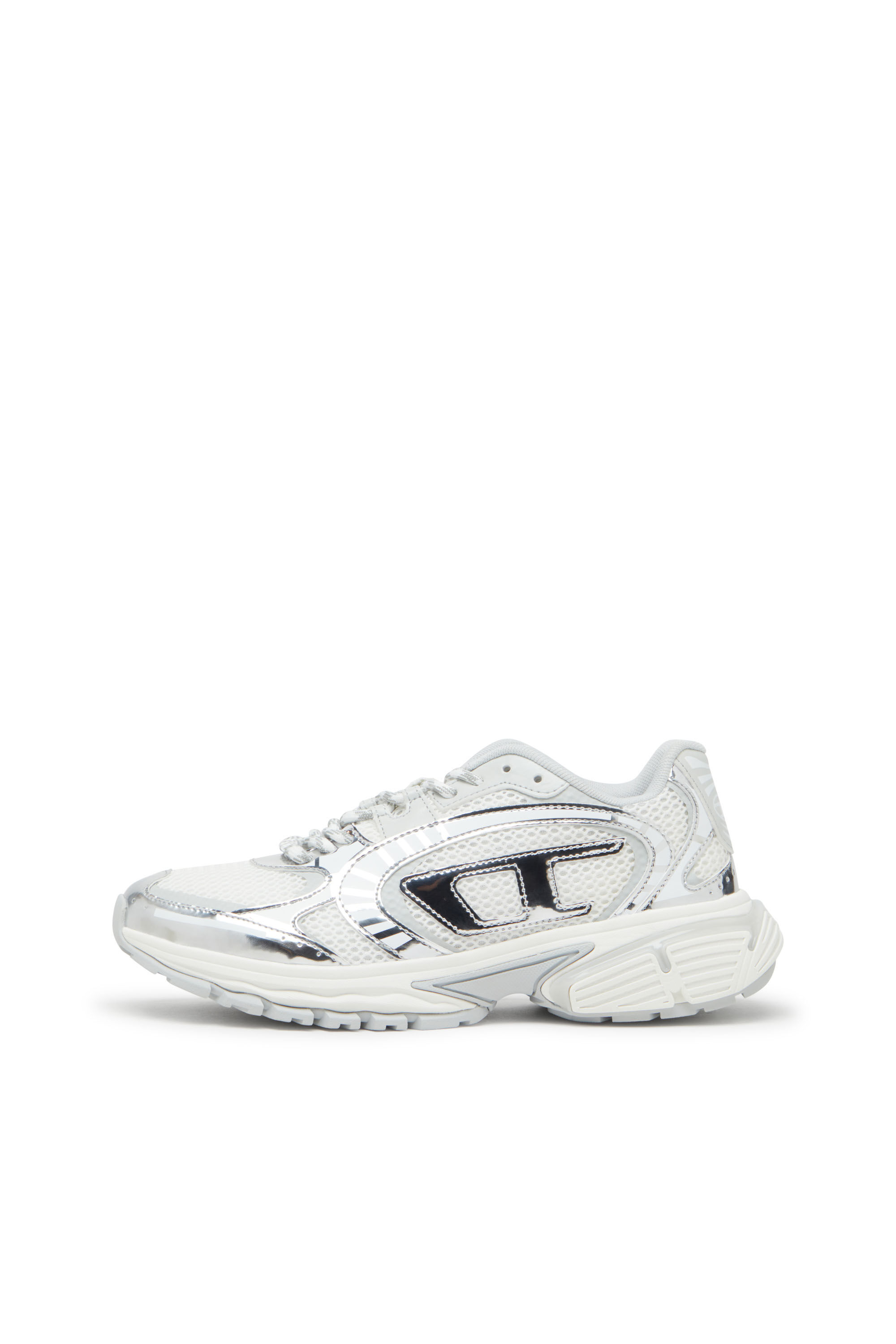 Diesel - S-PRO-V-DENSE LOW W, Female's S-Pro-V-Dense-Metallic mesh sneakers with Oval D logo in White/Silver - 8