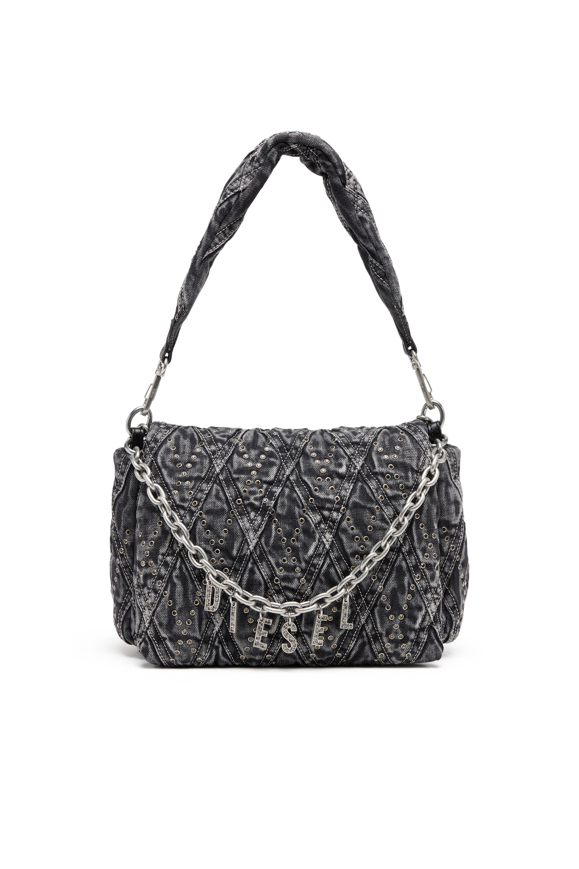 Diesel - CHARM-D SHOULDER M, Charm-D Shoulder M Shoulder Bag - Sac épaule en denim orné de bijoux breloque Femme in Noir - 1