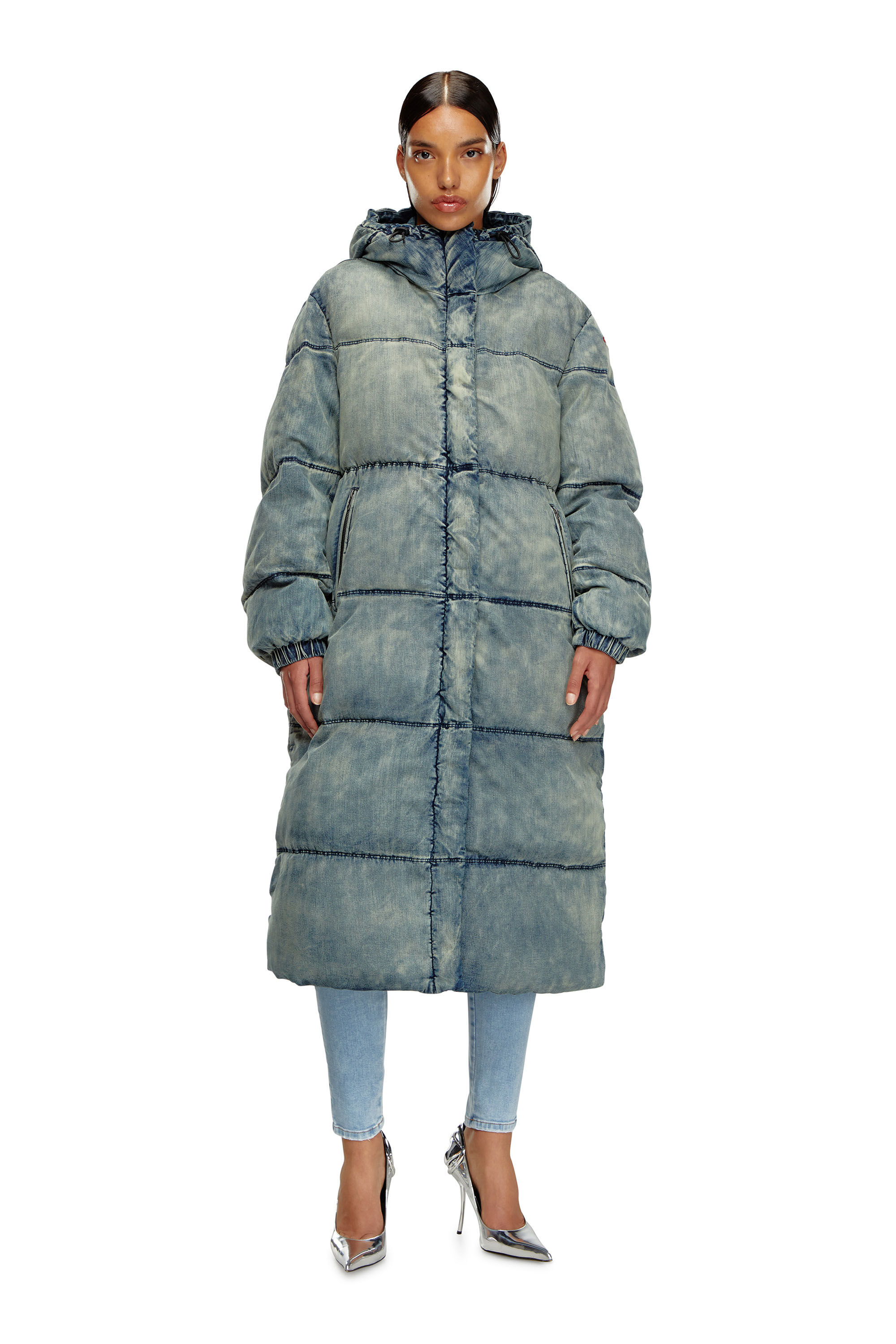 Women's Hooded puffer coat in stretch denim | Blue | Diesel Women's Hooded puffer coat in stretch denim | Blue | Diesel