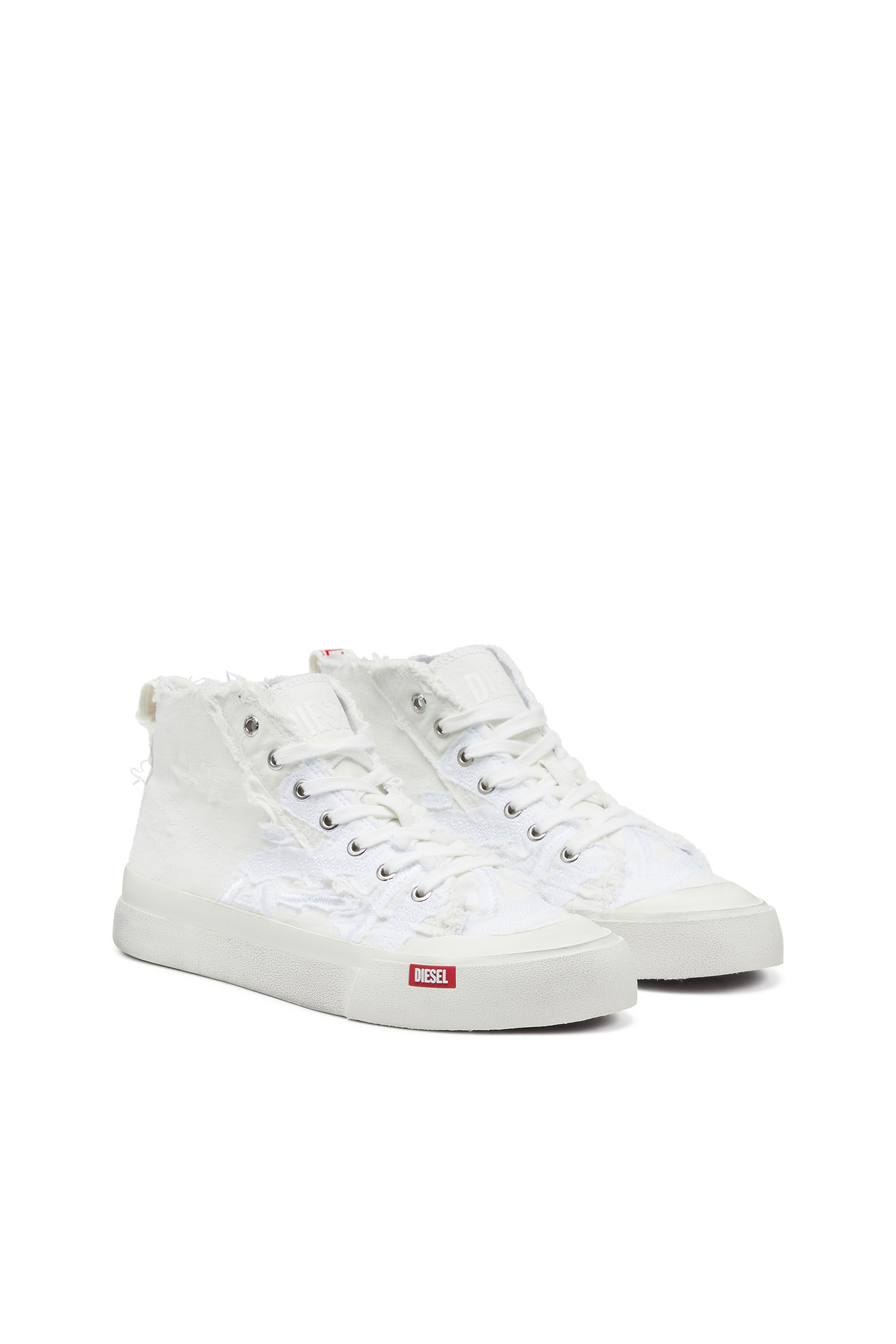 Men s S Athos Mid Destroyed gauze and denim high top sneakers White Diesel