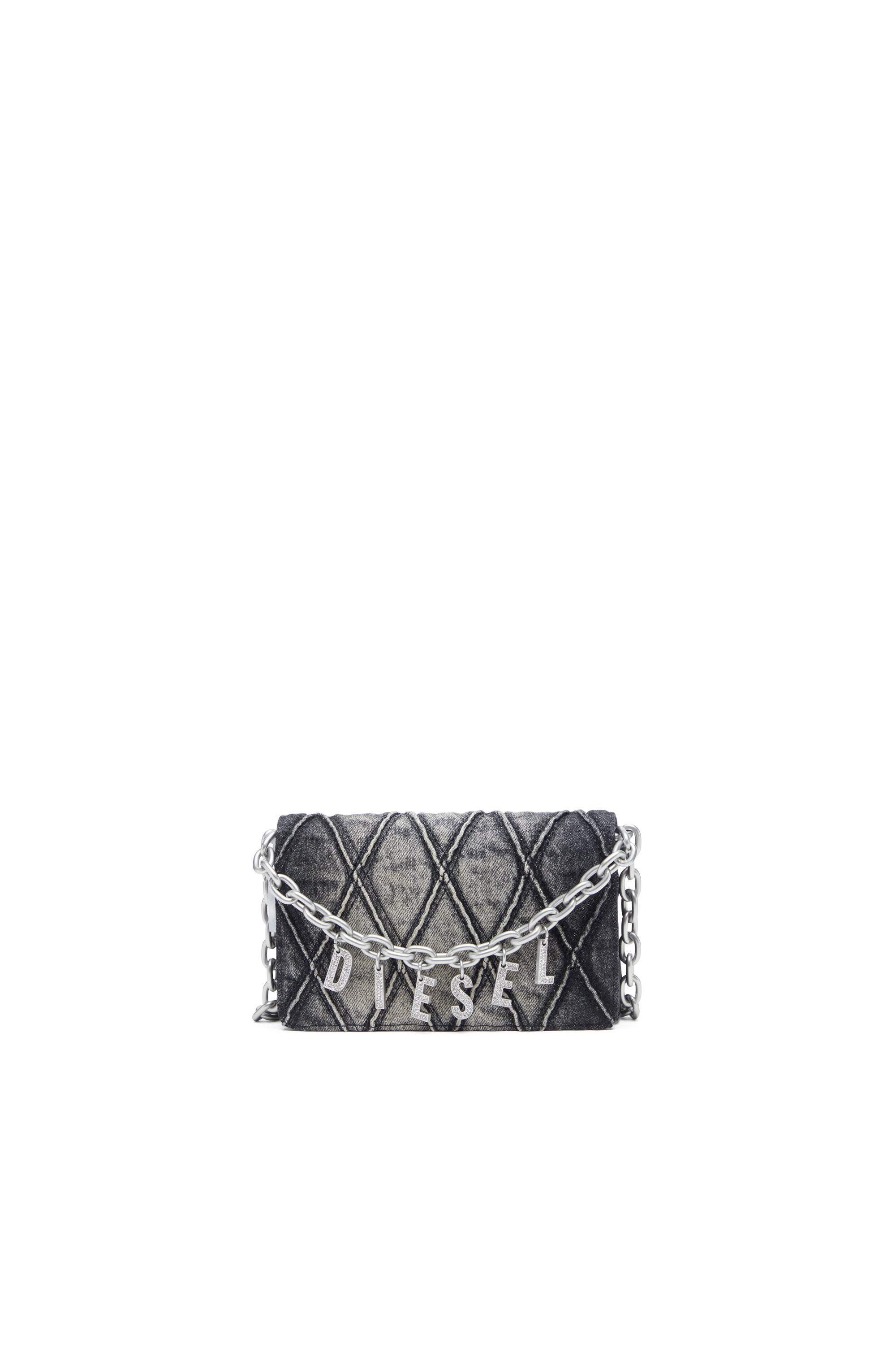 Diesel - CHARM-D WALLET STRAP, Porte-monnaie en denim matelassé motif argyle Femme in Noir - 1