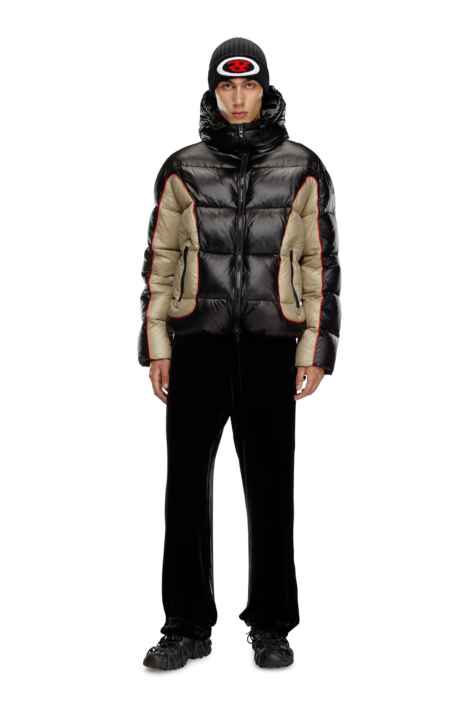 Diesel - W-OSTEND, Male's Hooded puffer jacket in shiny ripstop in Black/Beige - 1