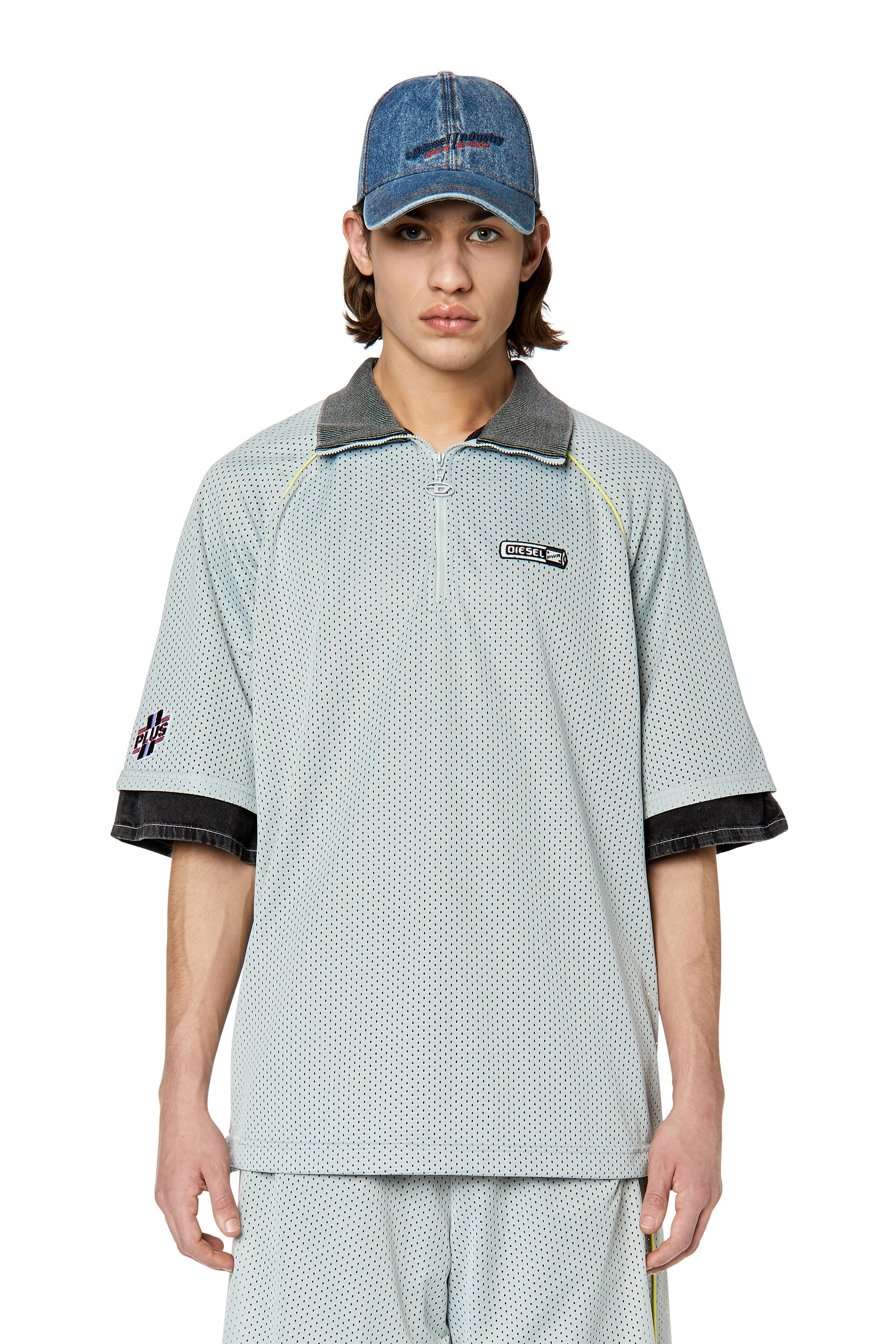 Diesel - T-MEC, Male's Mesh polo shirt with denim accents in Light Grey - 3
